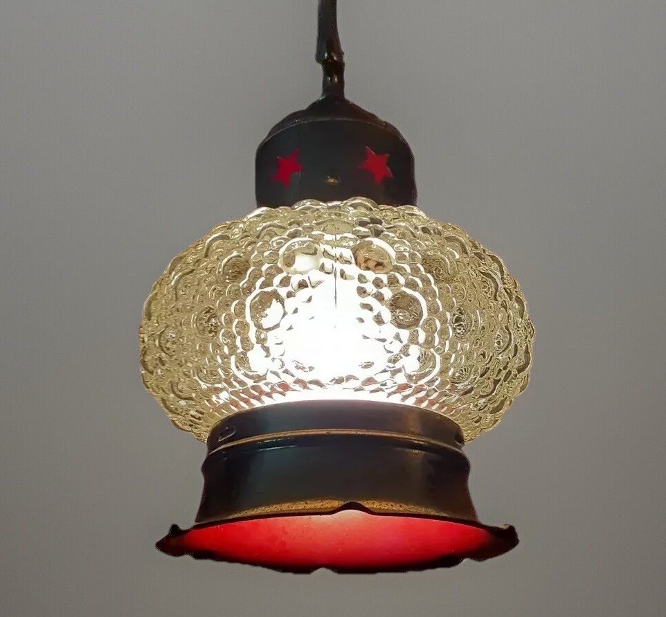 Vtg Antique Copper Stars Hanging Pendant Light Fixture w/ Hobnail Bubble Glass