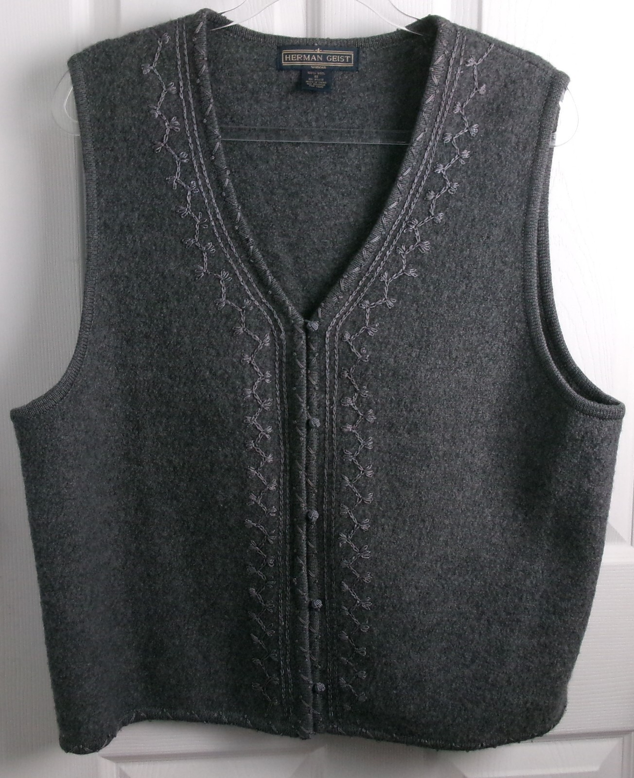 Herman Geist Women\'s 1X 100% Wool Embroidered Sweater Vest Gray Button Front