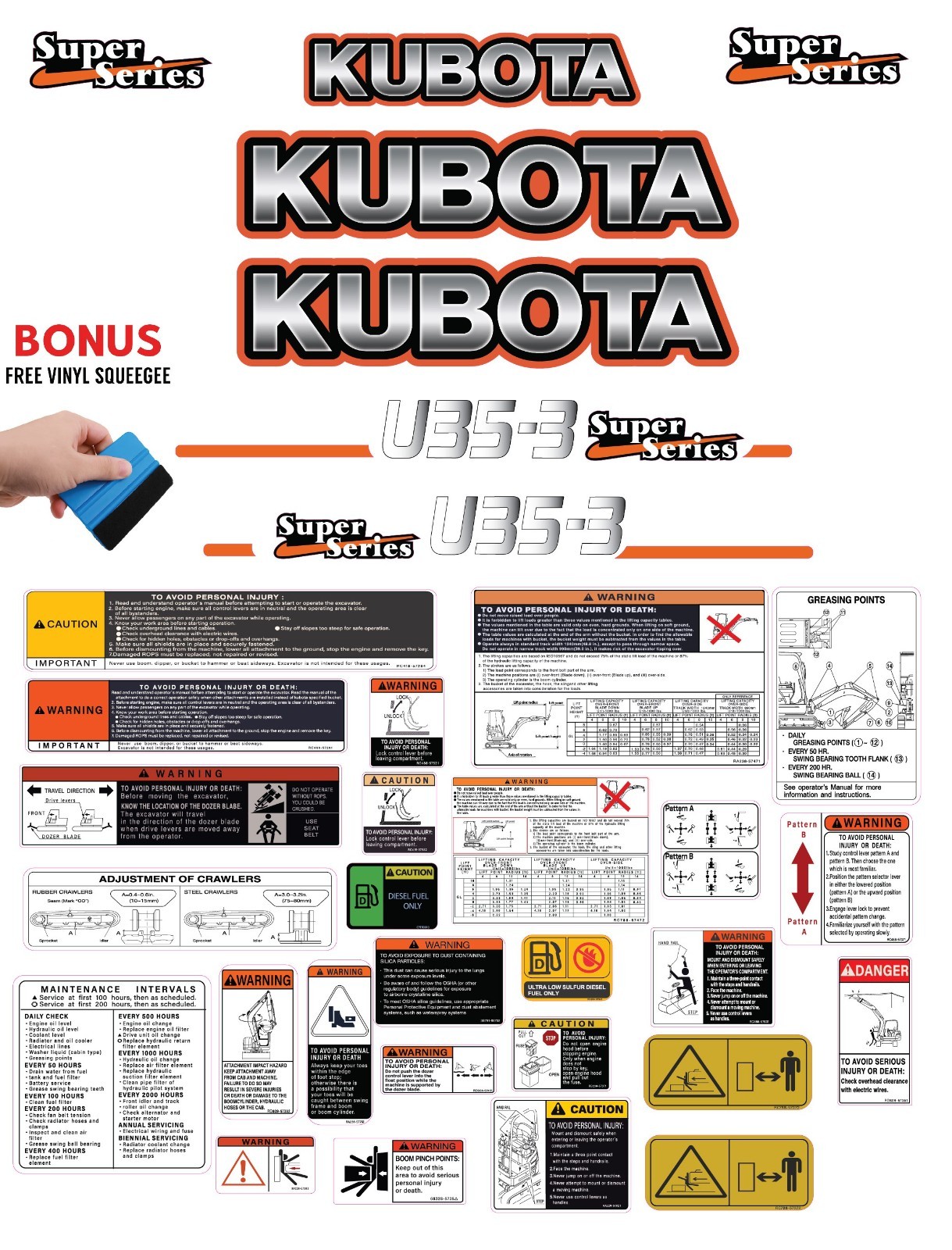 Fits KUBOTA U35-3 Decal Kit MINI EXCAVATOR / safety decals /3M VINYL Fits KUBOTA U35-3 Decal Kit MINI EXCAVATOR / safety decals /3M VINYL