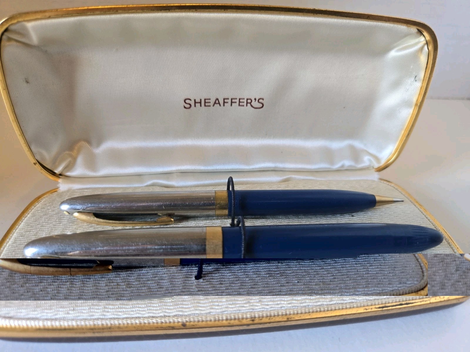 Vintage Sheaffer White Dot Fountain Pen Pencil Set 14K Nib Blue Box Personalize