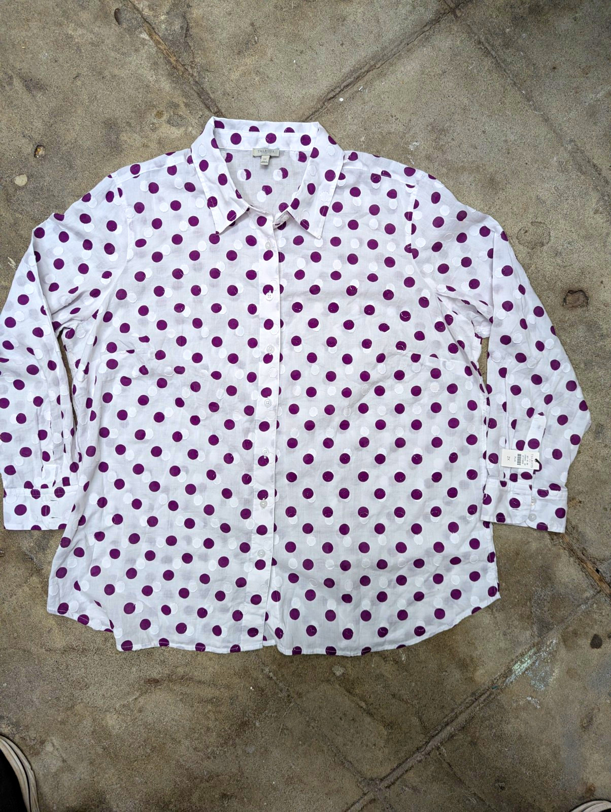 Talbots Women’s Plus 2X Cotton Button Front Blouse Polka Dot White/Purple 