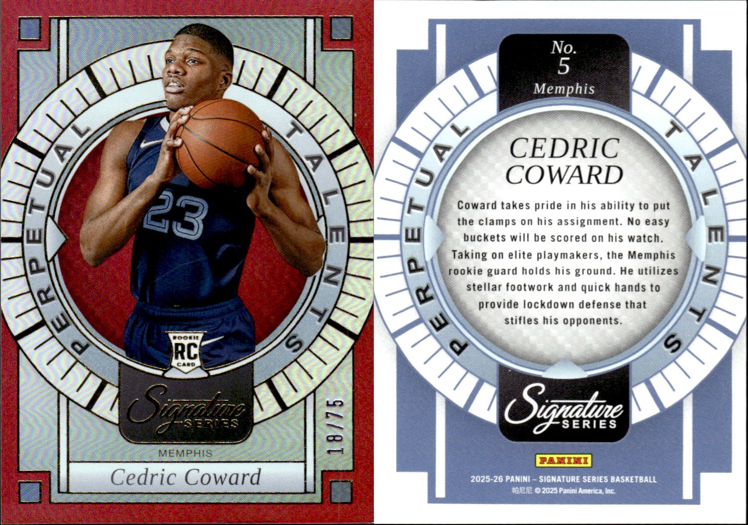 2025-26 Panini Signature Series #5 Cedric Coward Red #/75 2025-26 Panini Signature Series #5 Cedric Coward Red #/75