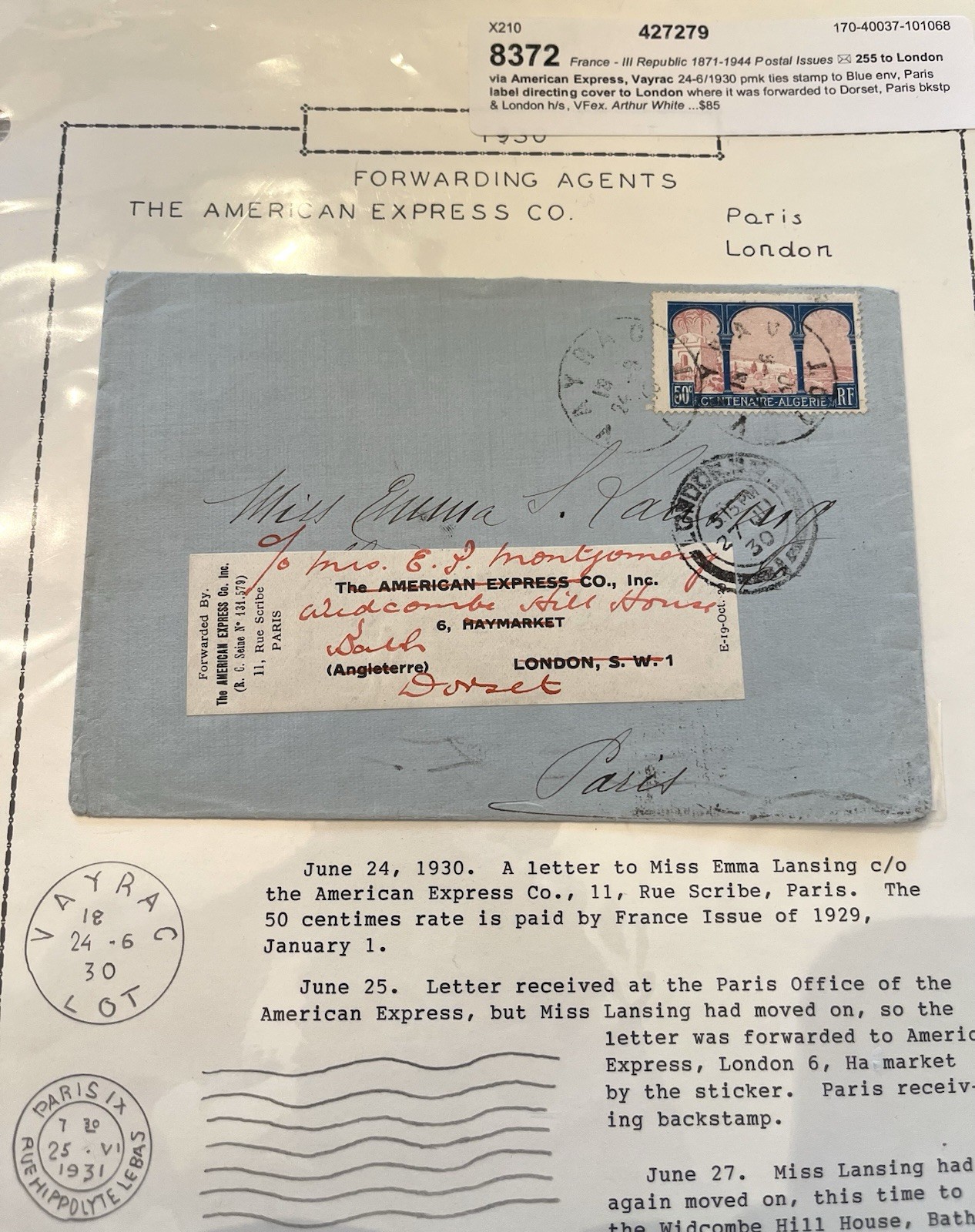 France III Republic 1871-1944 Postal Issues Cover to London forwarded to Dorset