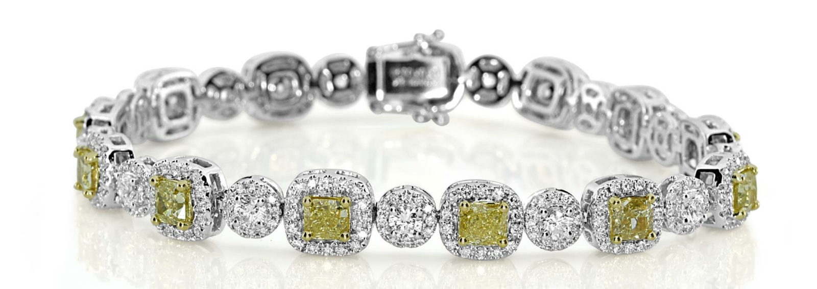 LARGE 10.59CT WHITE & FANCY YELLOW DIAMOND 18KT 2 TONE GOLD CUFF TENNIS BRACELET