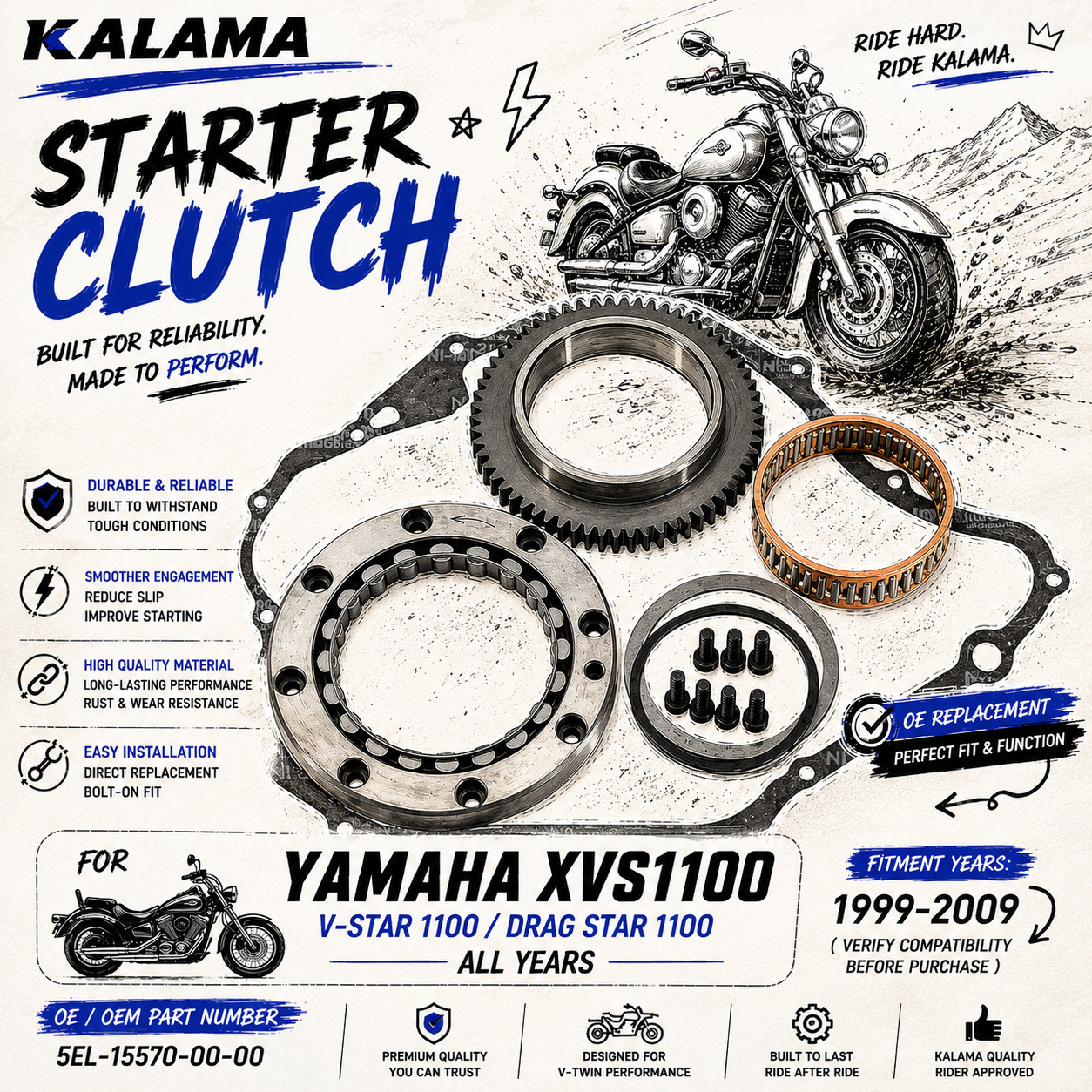 Big Roller Reinforced Type VStar V Star XVS 1100 XVS1100 Starter Clutch 1999~09