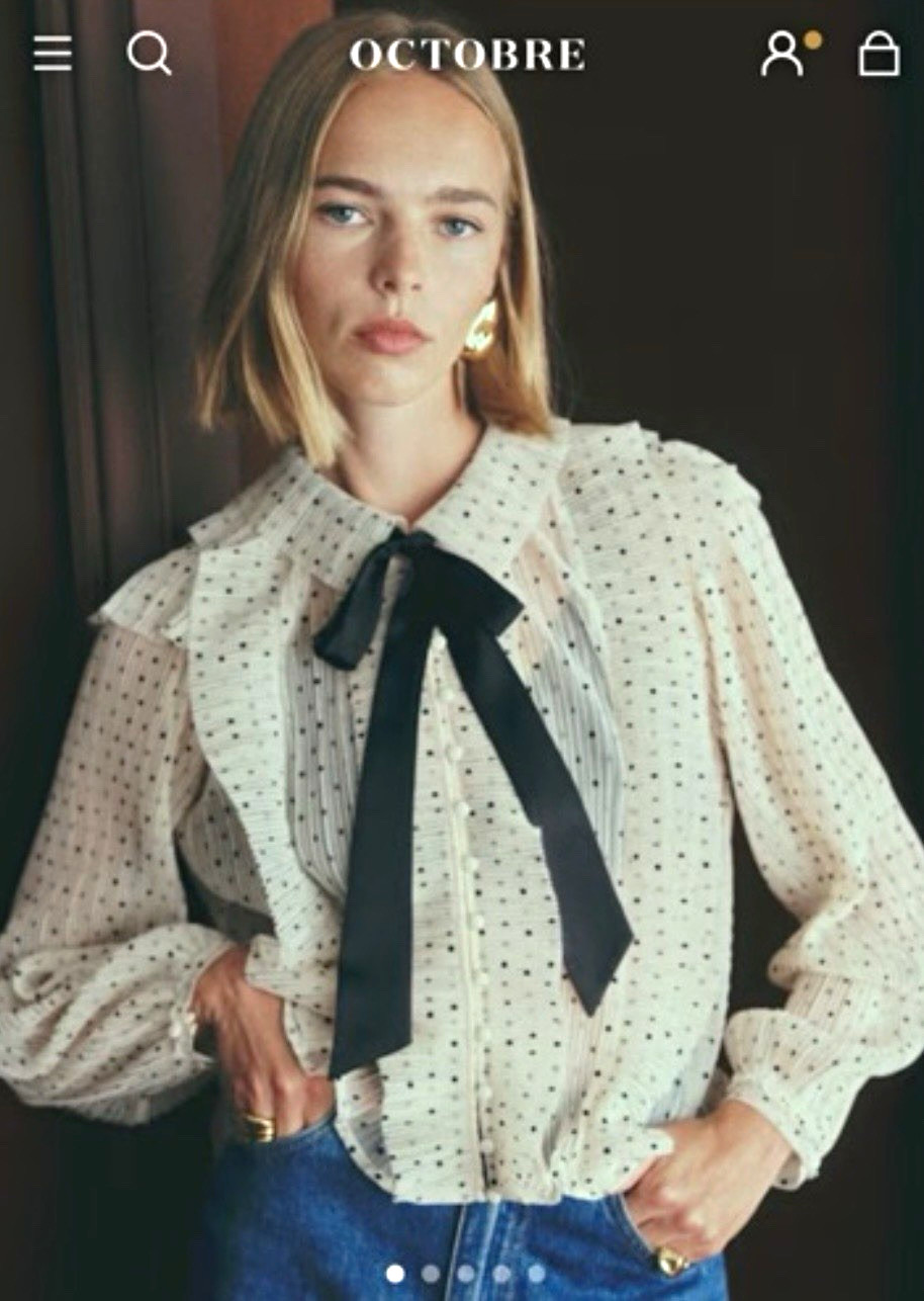 Sézane Jola Blouse/SOLD OUT Black Polka Dot Pleated Ruffle Bow size 6US/38FR