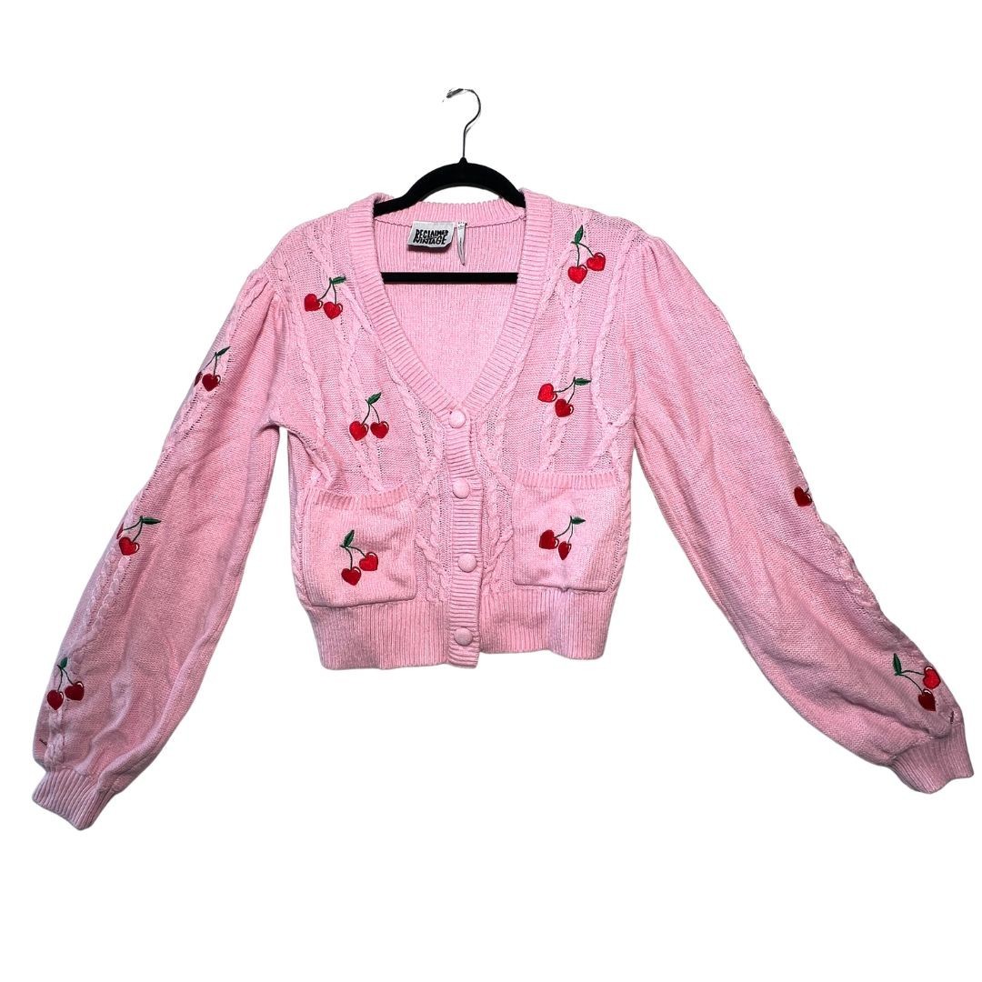 NWOT Pink Cherry Hearts Knit Cropped Cardigan Women’s Size 8 Reclaimed Vintage