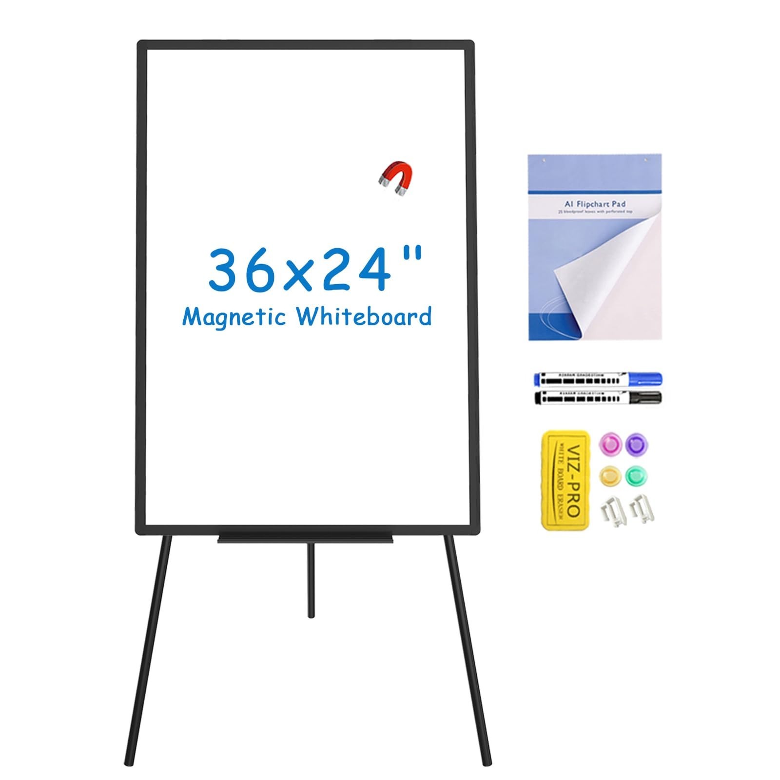 VIZ-PRO Magnetic Whiteboard Easel Black, 36 x 24 Inches,  Height Adjustable