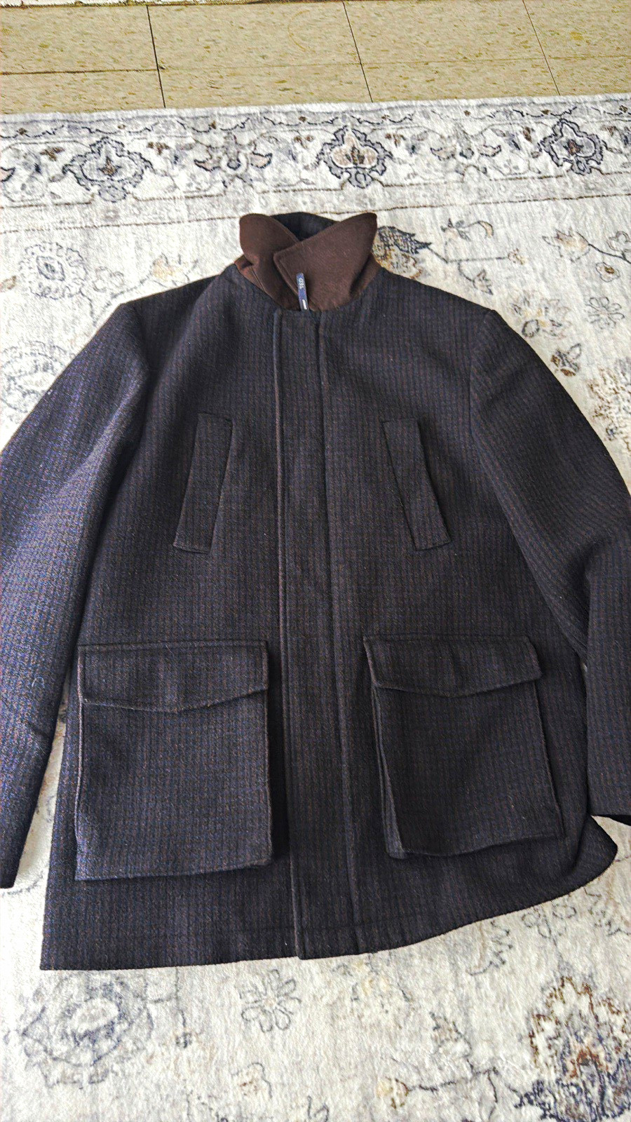 Ted Baker Men\'s Gray Wool Herringbone Lined Jacket Pockets Stand Collar L