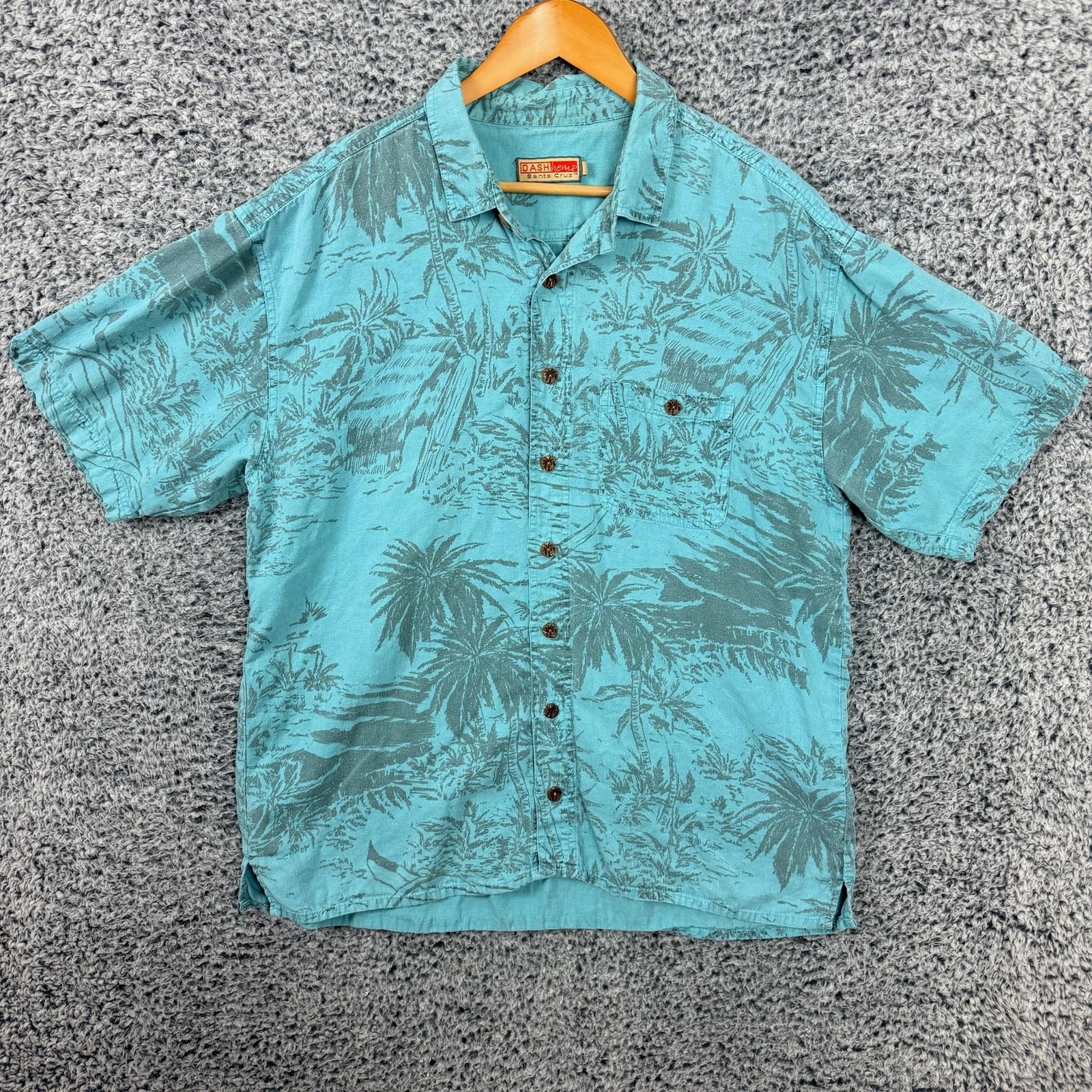 DASH Hemp Shirt Mens Large Blue Hemp Tencel Hawaiian Palm Trees Button Up