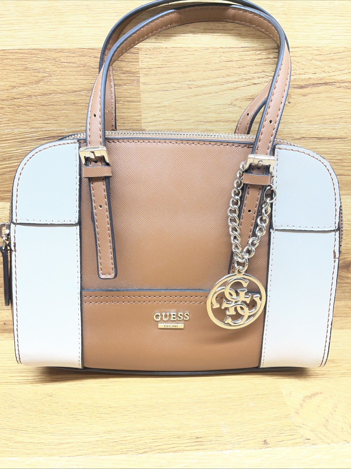GUESS Brown Beige Colorblock Zip Satchel Shoulder Bag Logo Charm Medium