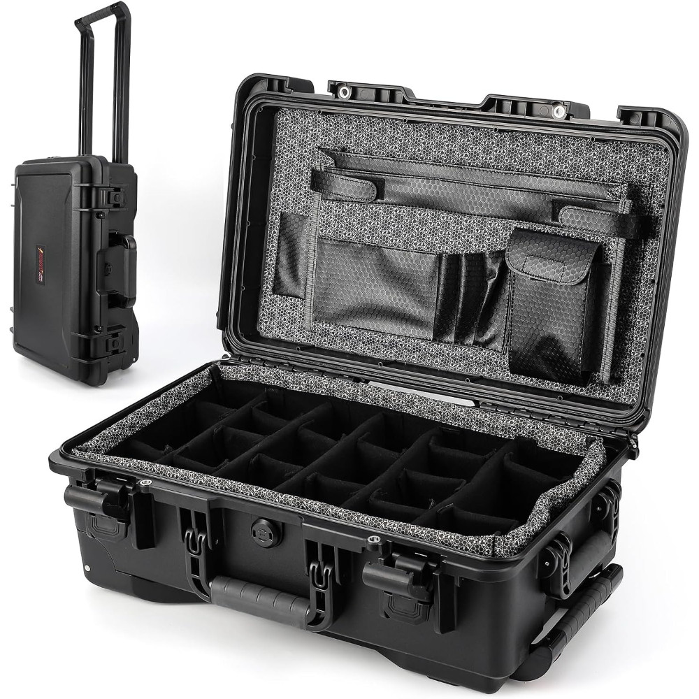 Waterproof Rolling Camera Case with Adjustable Dividers Lockable for Photo Gear