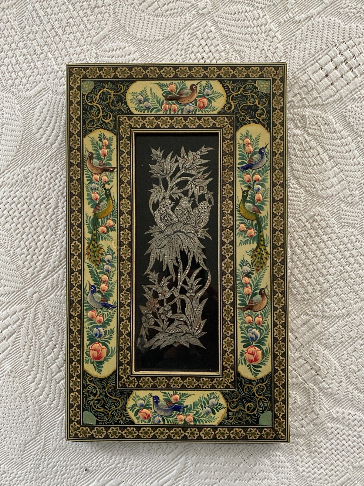 Vintage Persian Khatam Framed Engraved Metal Art & Bone Miniatures