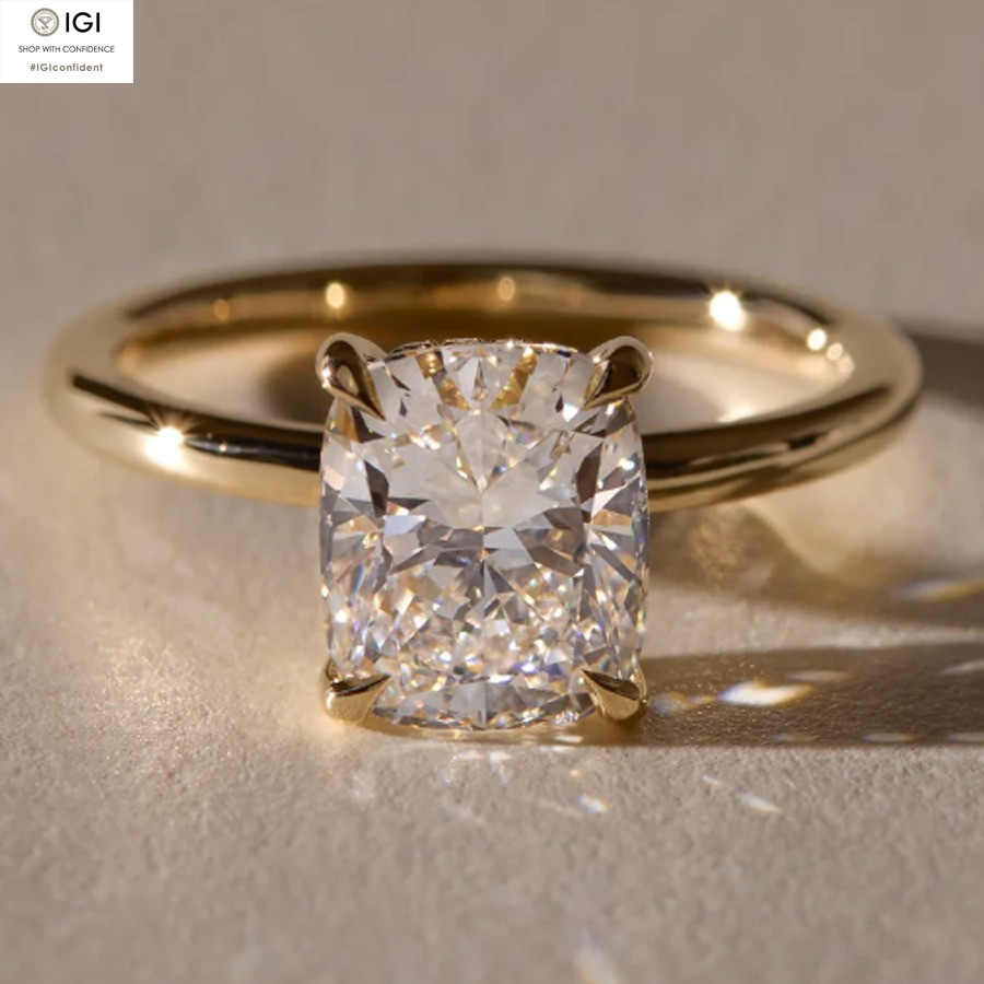 IGI 2.30Ct F VS1 CUSHION CUT LAB GROWN DIAMOND ENGAGEMENT RING 14K YELLOW GOLD