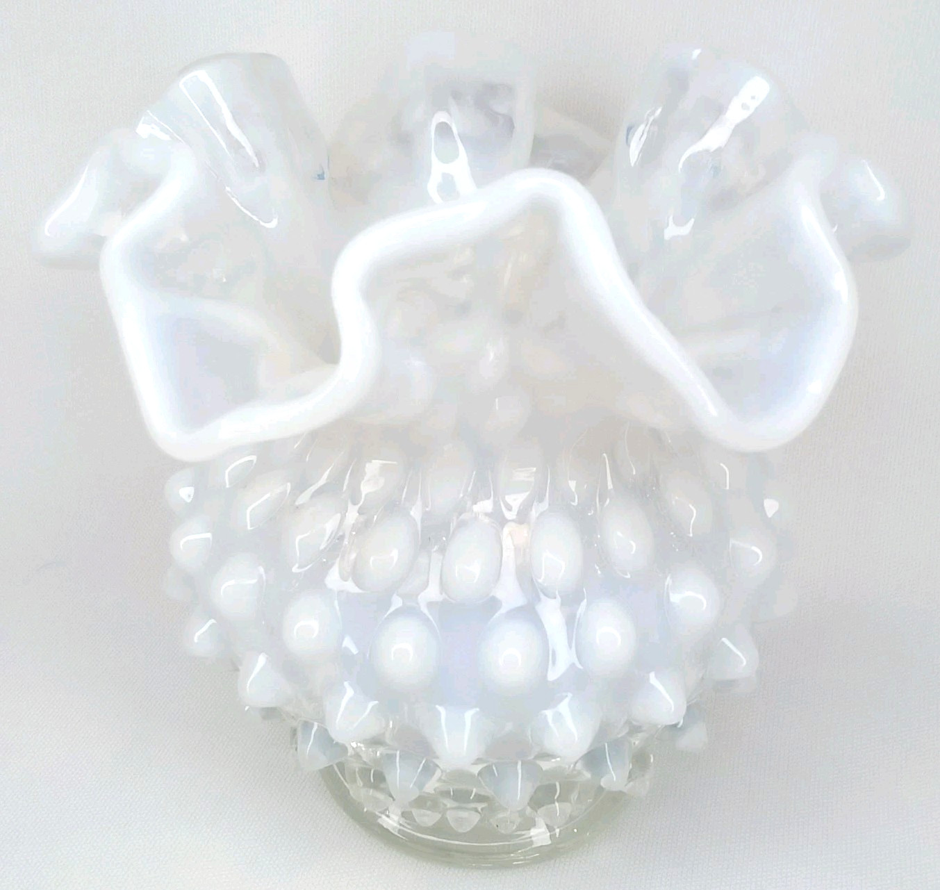 Antique 1940s Fenton Glass Hobnail French Opalescent Double Crimp Vase