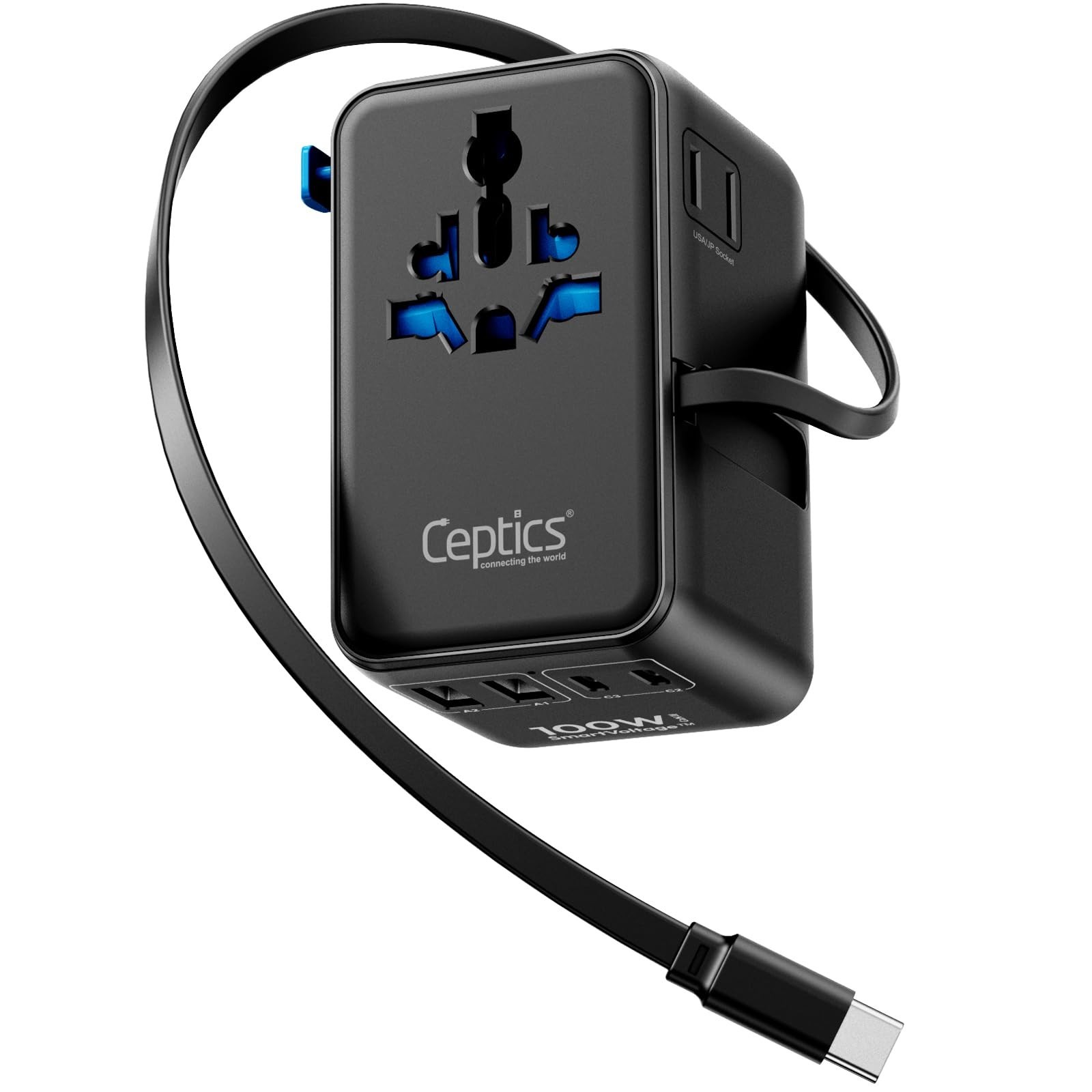 Ceptics GAN 100W Universal Travel Adapter with Retractable USB-C Cable, 2X US... Ceptics GAN 100W Universal Travel Adapter with Retractable USB-C Cable, 2X US...