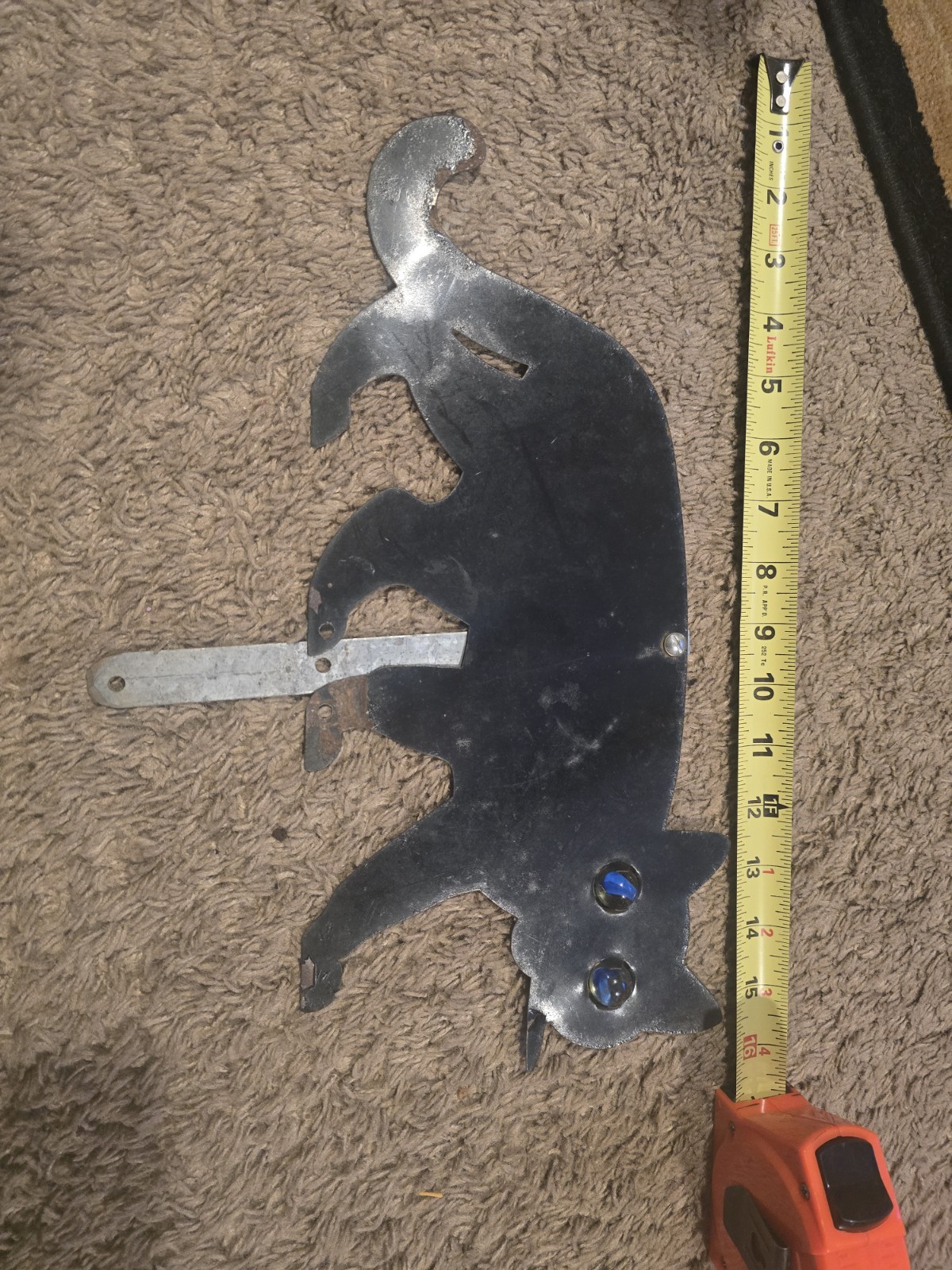 Antique Edwardian Black Metal Cat Bird & Rodent Scarer W/ Marble Eyes And Stake