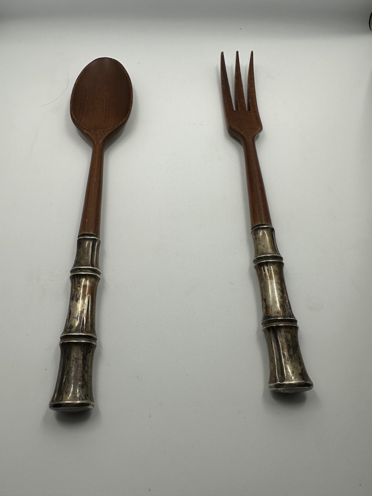 Tiffany & Co Bamboo Sterling Silver Wood Salad Servers 10 3/4
