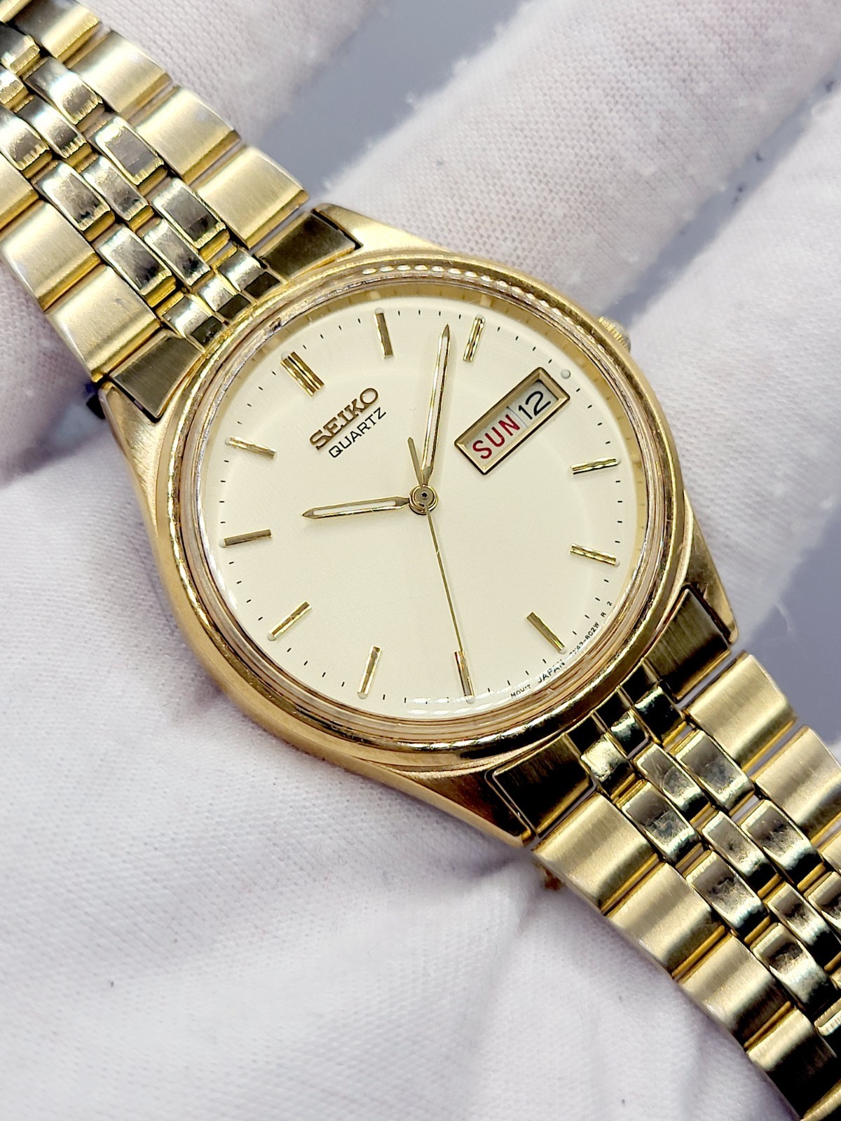 [N. MINT] 1994 Seiko Quartz 35mm Men\'s Wrist Watch 7n43 Day Date Japan Made 