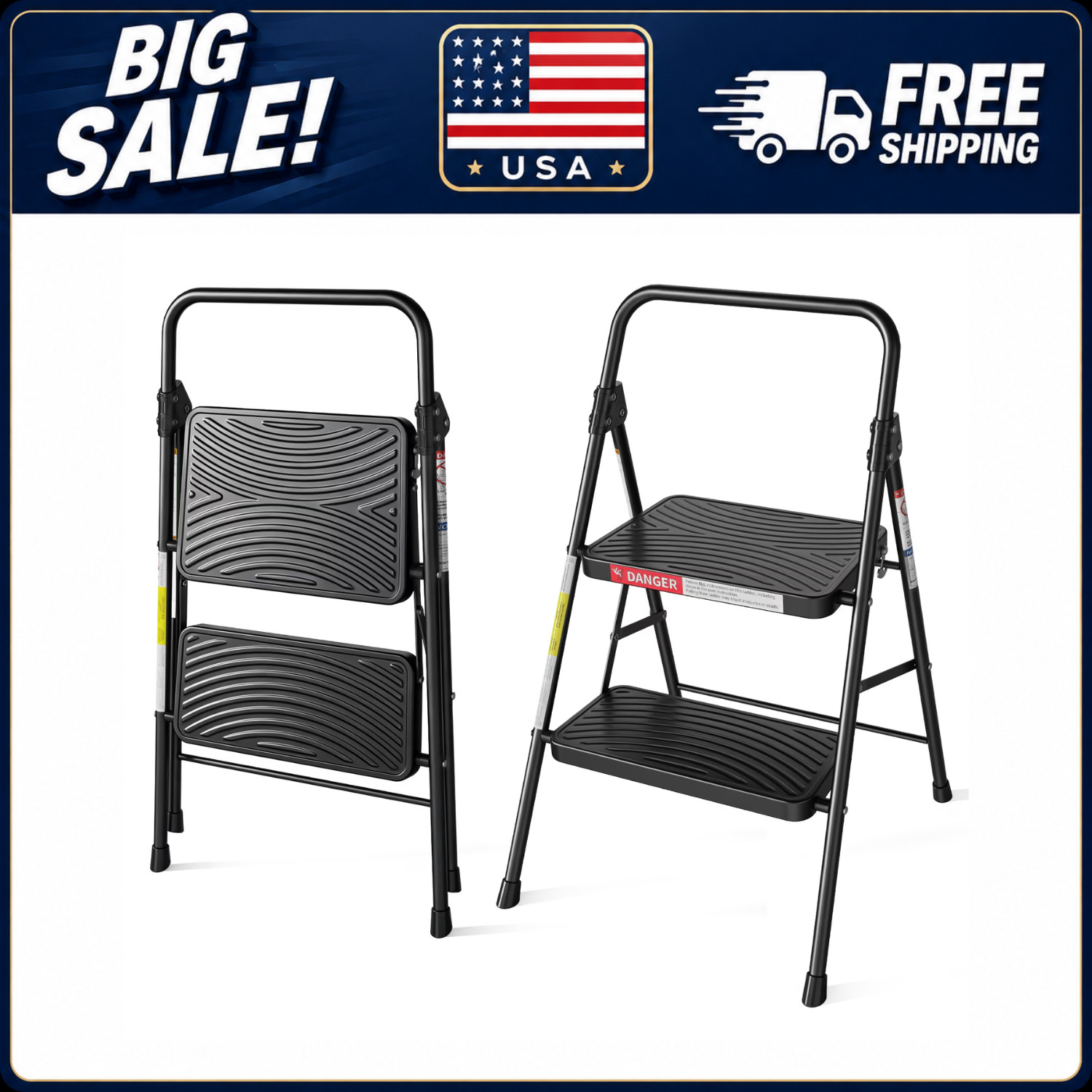 LevLad 2 Step Folding Step Stool 330 Lb Capacity Non Slip Kitchen Garage Outdoor