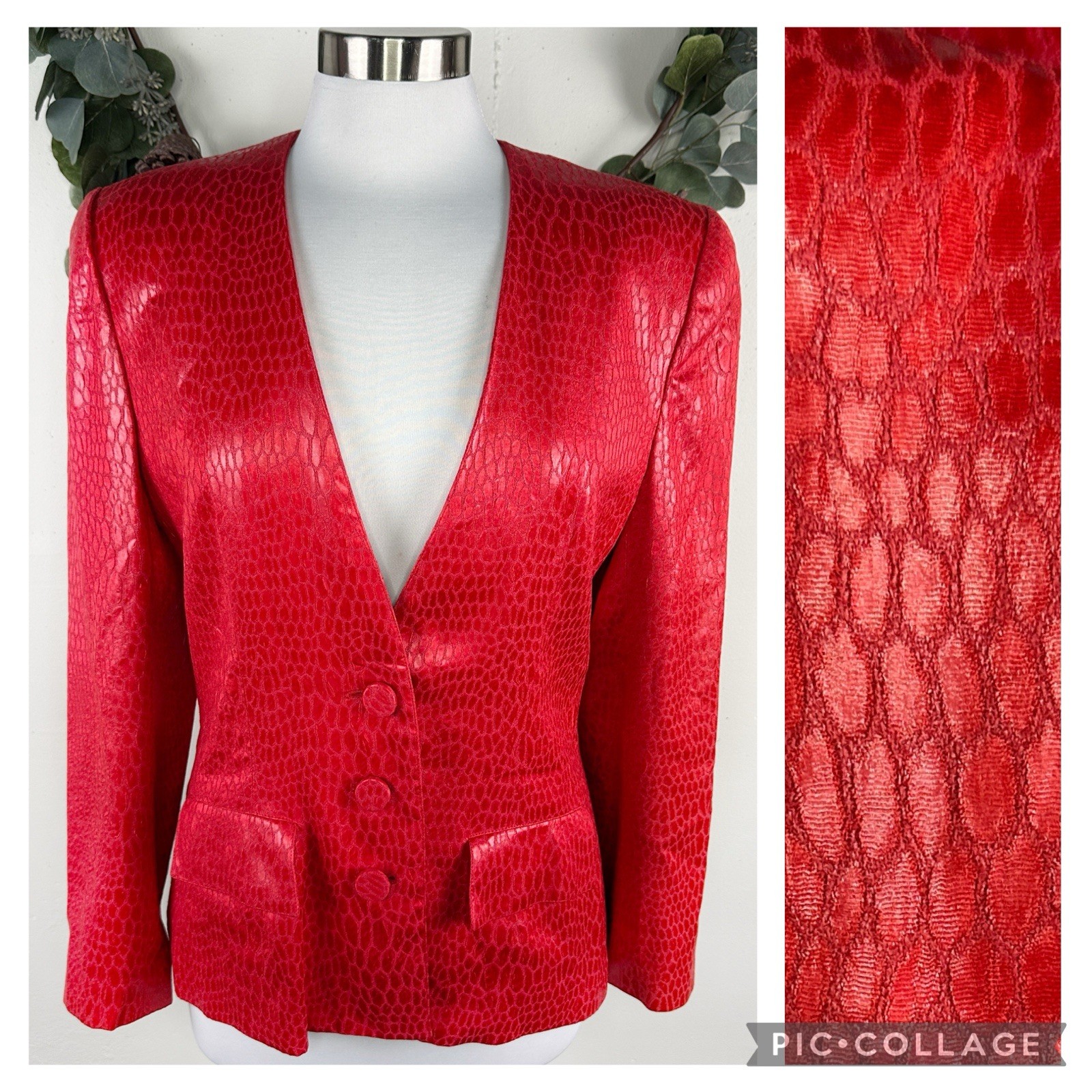 Vintage Adele Simpson Evening Blazer Jacket US 10 Snakeskin Jacquard Red 80s 90s