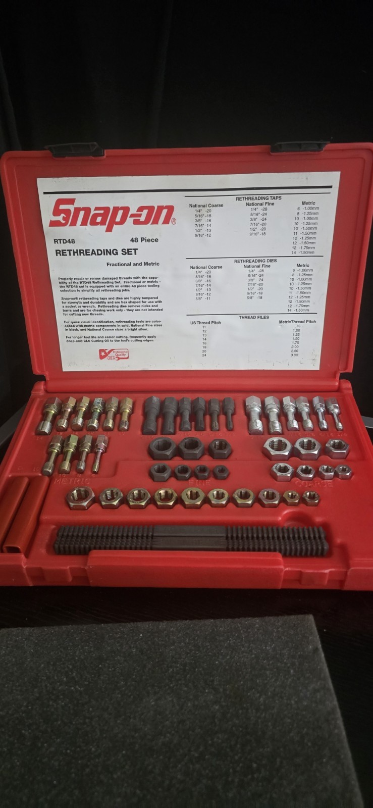Snap-on Tools NEW RTD48 48 Piece SAE Metric Rethreading Tap & Die Set with Files