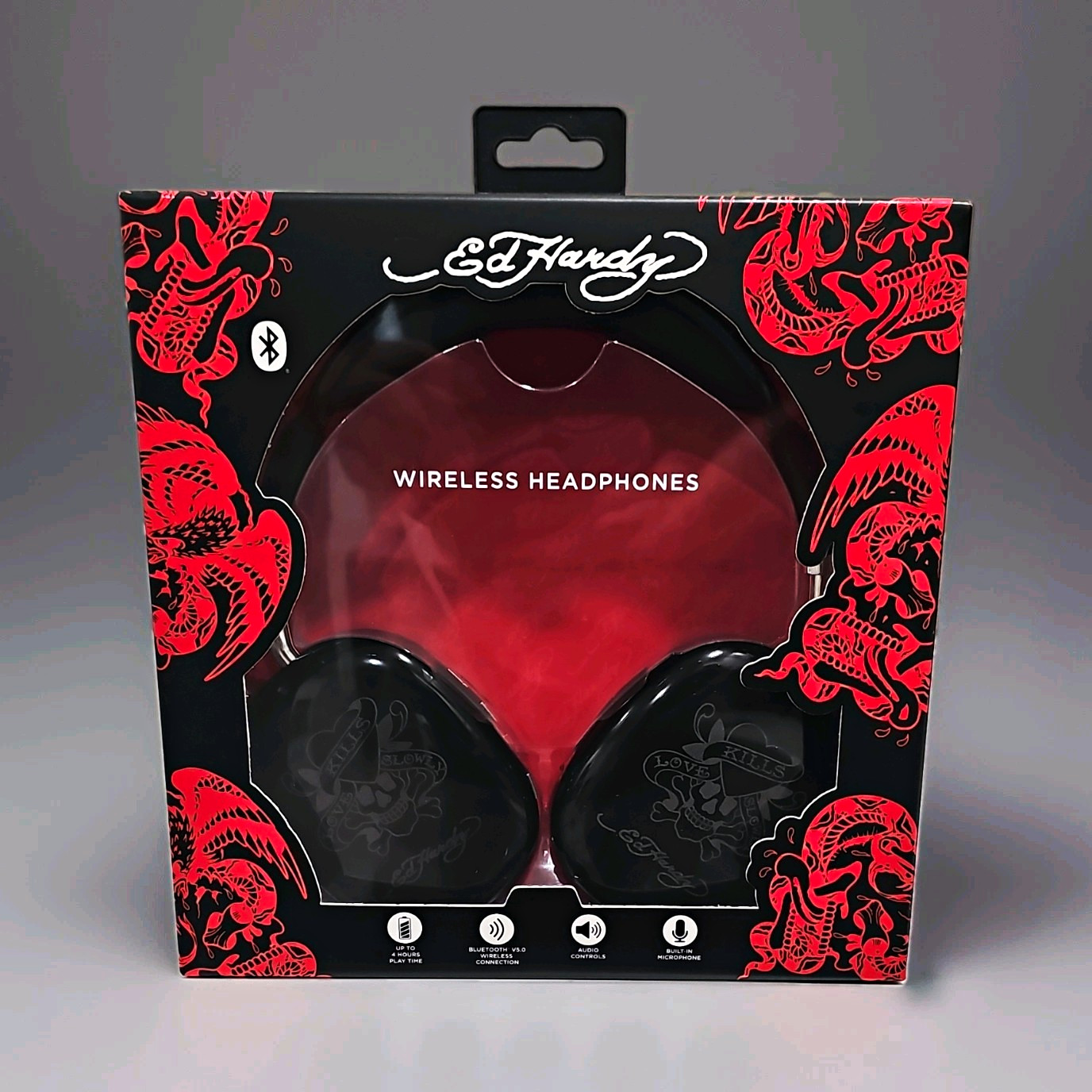 Y2K Style Ed Hardy Bluetooth 5.0 Wireless Over-Ear Headphones Mic Black/Red