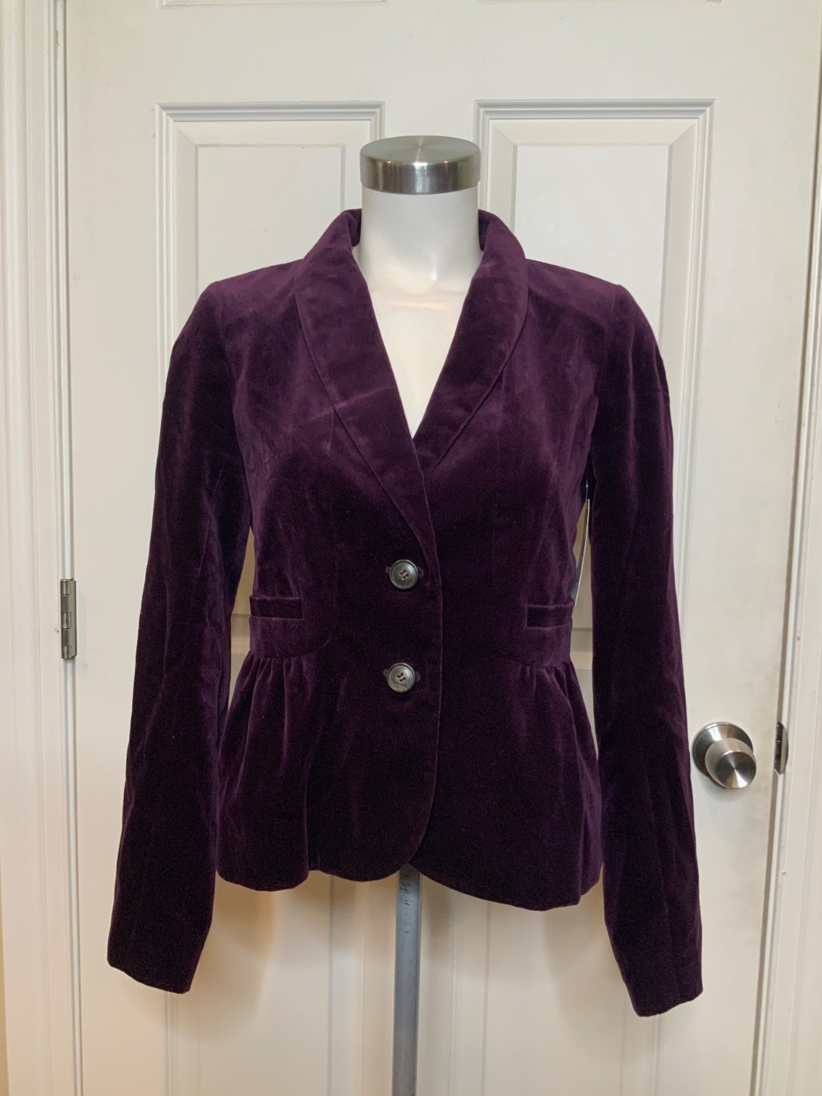 J. Crew Purple Velvet Shawl Collared Two-Button Closure Peplum Blazer, Size 4