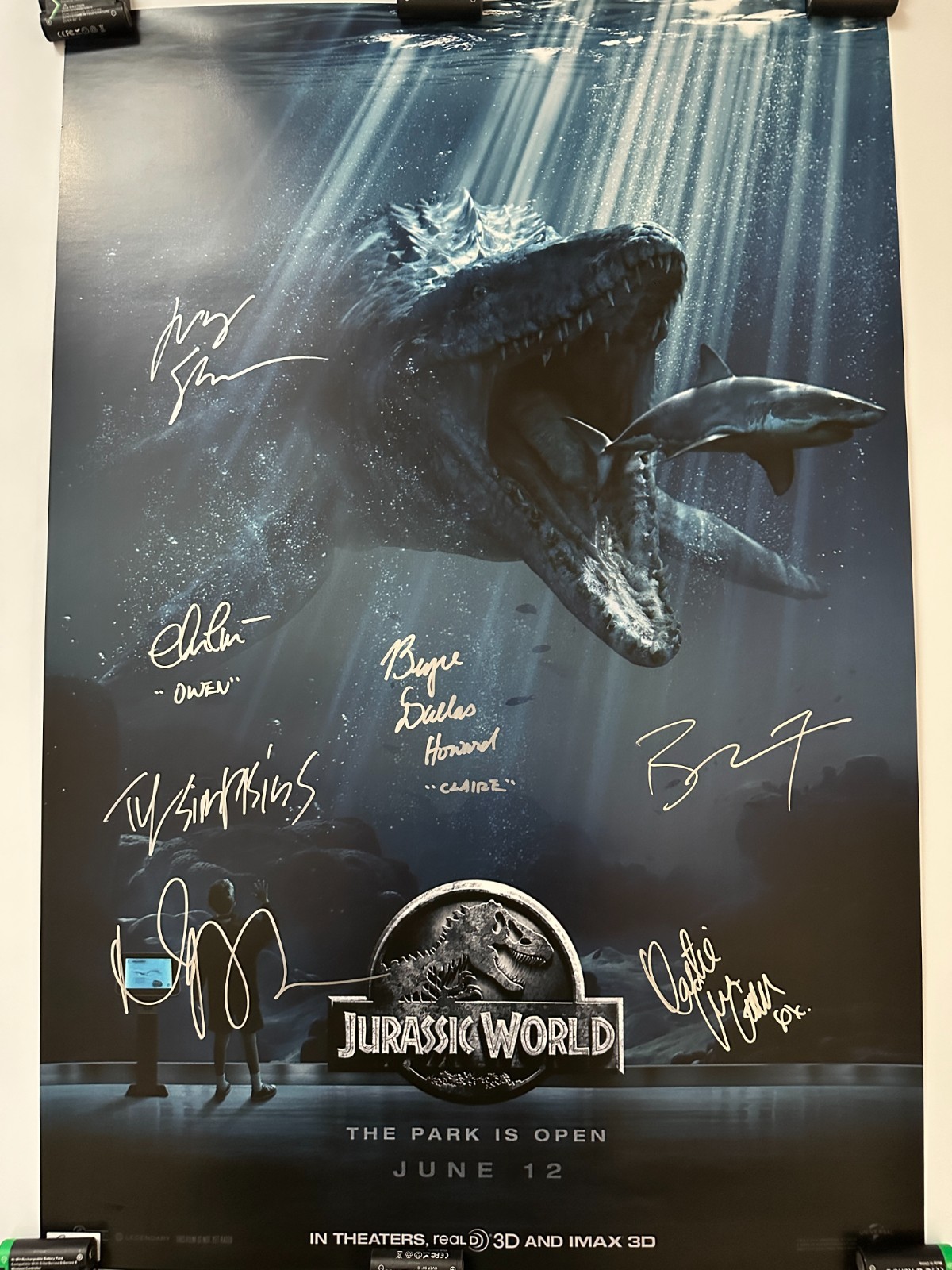 Jurassic World Signed Movie Poster 19.6x28.7 7 Autographs Chris Pratt COA