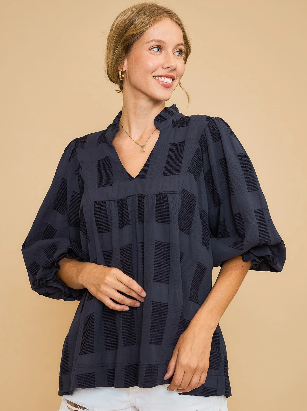 Umgee Navy Checkered Jacquard Blouse with 3/4 Puff Sleeves