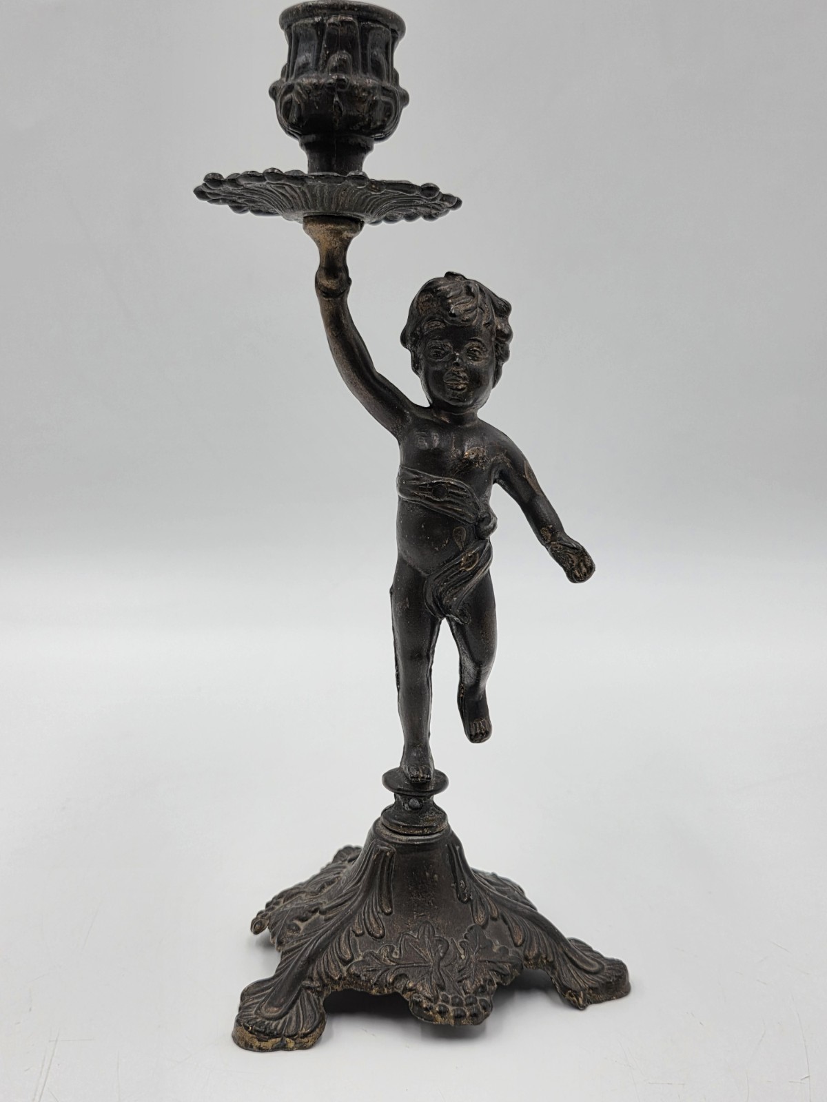 Rare Antique Bronze Brass Putto Cherub Figural Candlestick Rococo 8.5