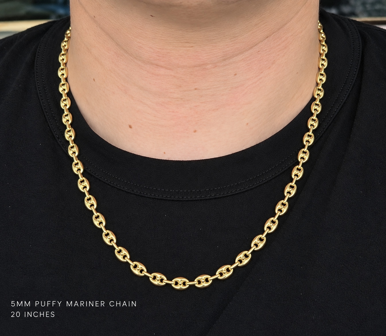 Solid 18K Gold, 50 grams at 20 in, 5mm Mariner Chain, Puffed Coffee Bean Link