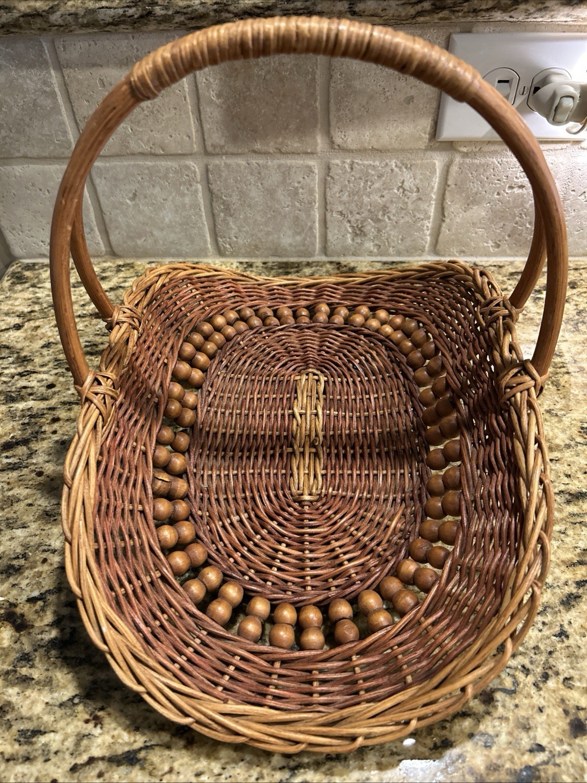 Vintage Wicker Rattan Foraging Basket Wooden Beads Reinforced Bottom Vintage Wicker Rattan Foraging Basket Wooden Beads Reinforced Bottom