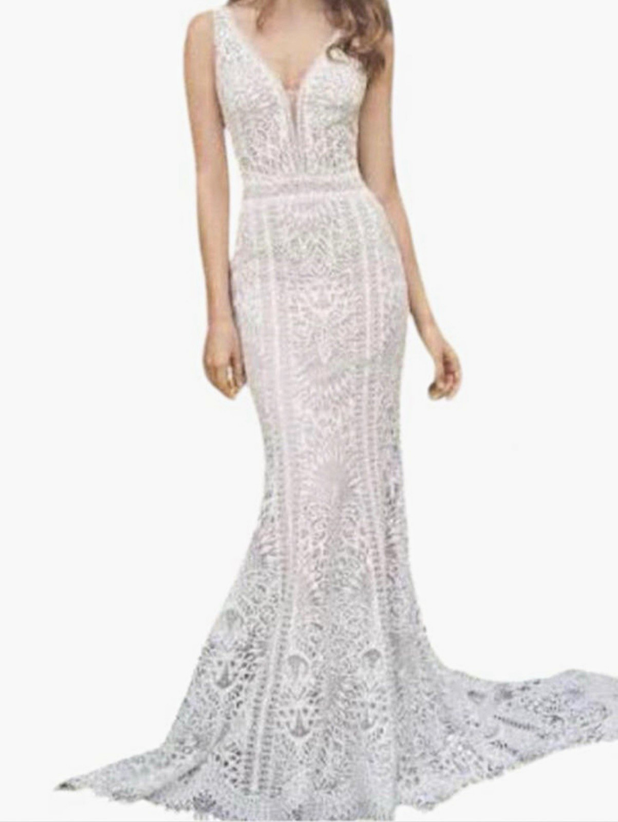 Lillian West Ivory Lace V-Neck Mermaid/Trumpet Wedding Dress with train