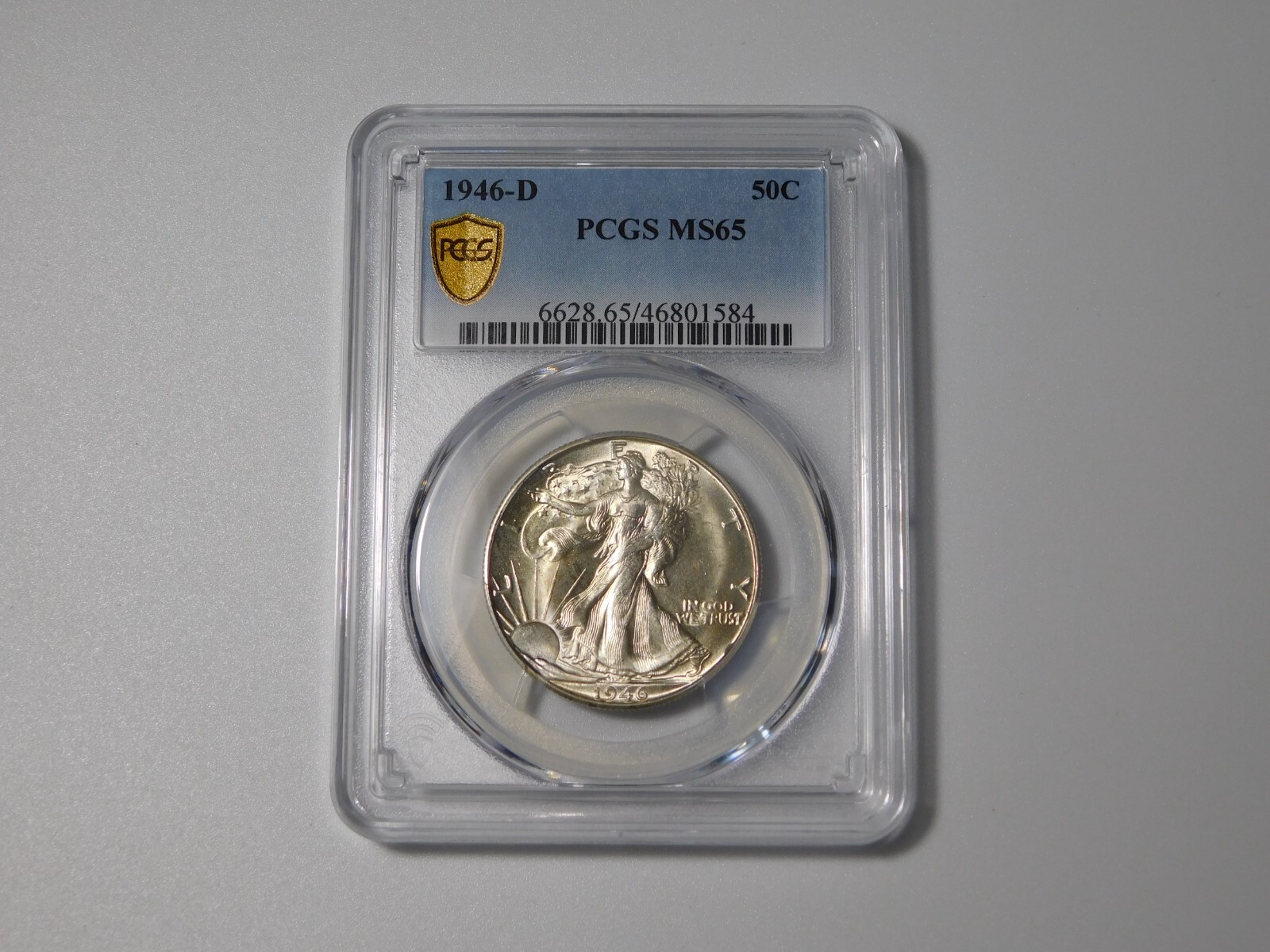 1946-D WALKING LIBERTY SILVER COIN HALF DOLLAR GOLD SHIELD PCGS GRADED MS65