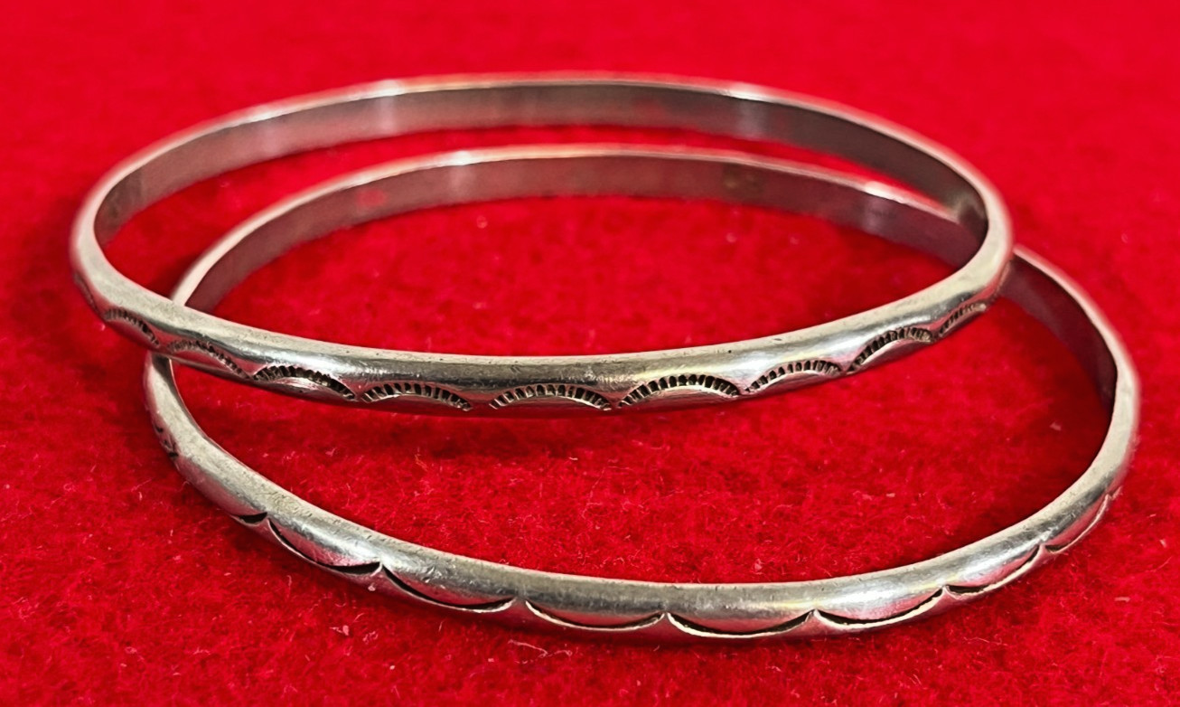 Vintage Navajo Indian Pair of Sterling Silver Bangle Bracelets, GB, George Begay