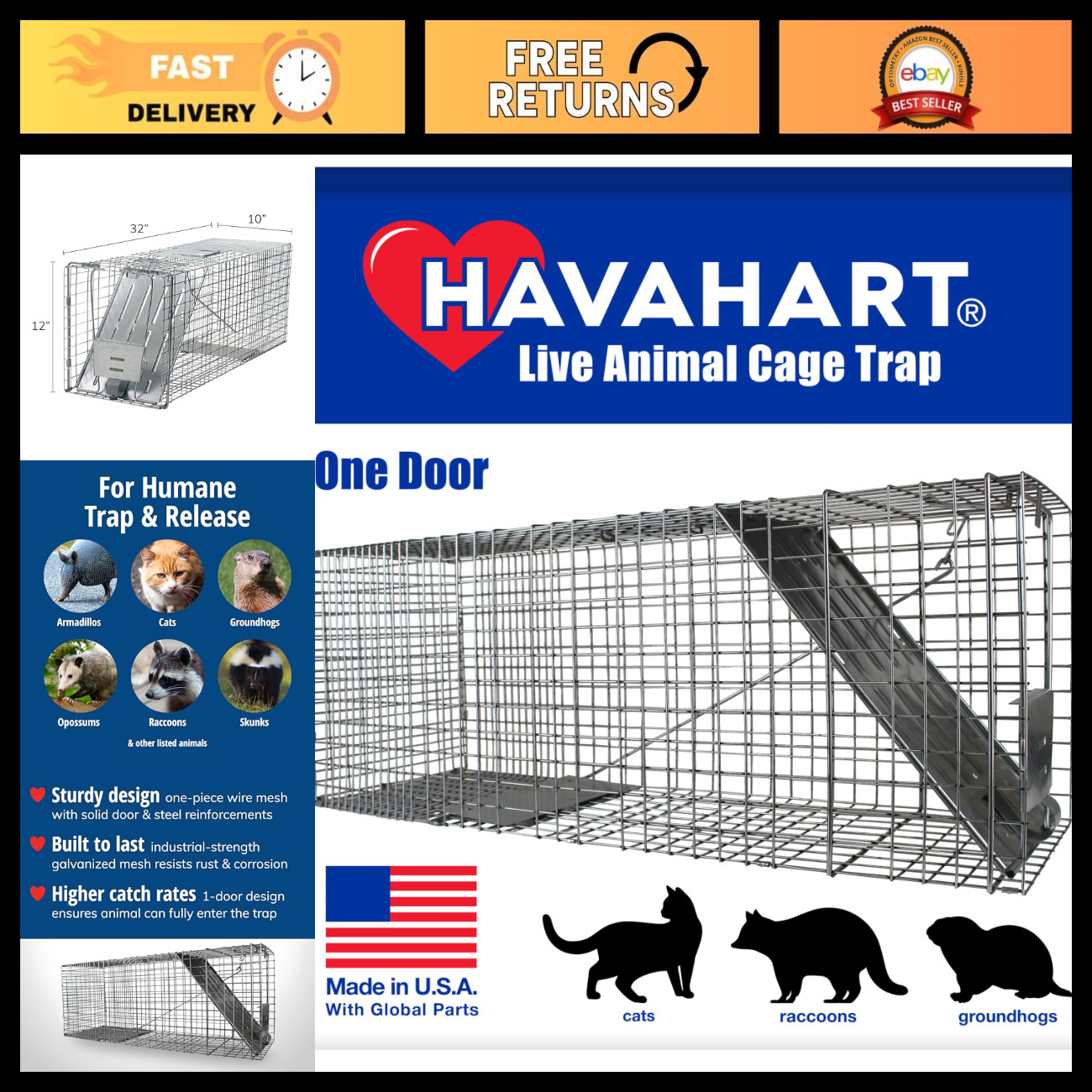 Large 1-Door Live Animal Trap for Raccoons, Cats, Bobcats, Beavers - Humane Capt Large 1-Door Live Animal Trap for Raccoons, Cats, Bobcats, Beavers - Humane Capt