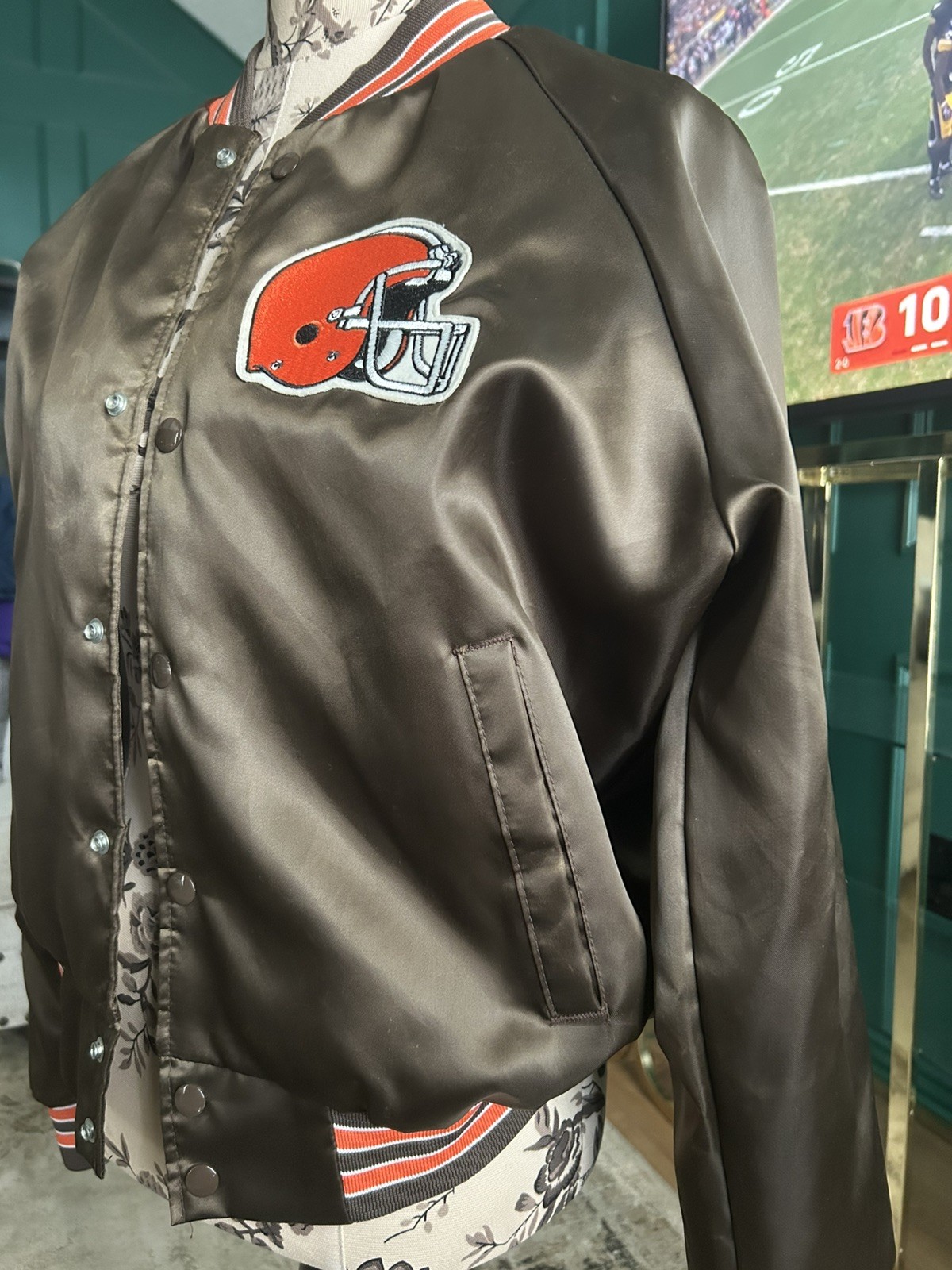 Vintage Cleveland Browns Satin Bomber Jacket Mens Small Brown Chalk Line 90s