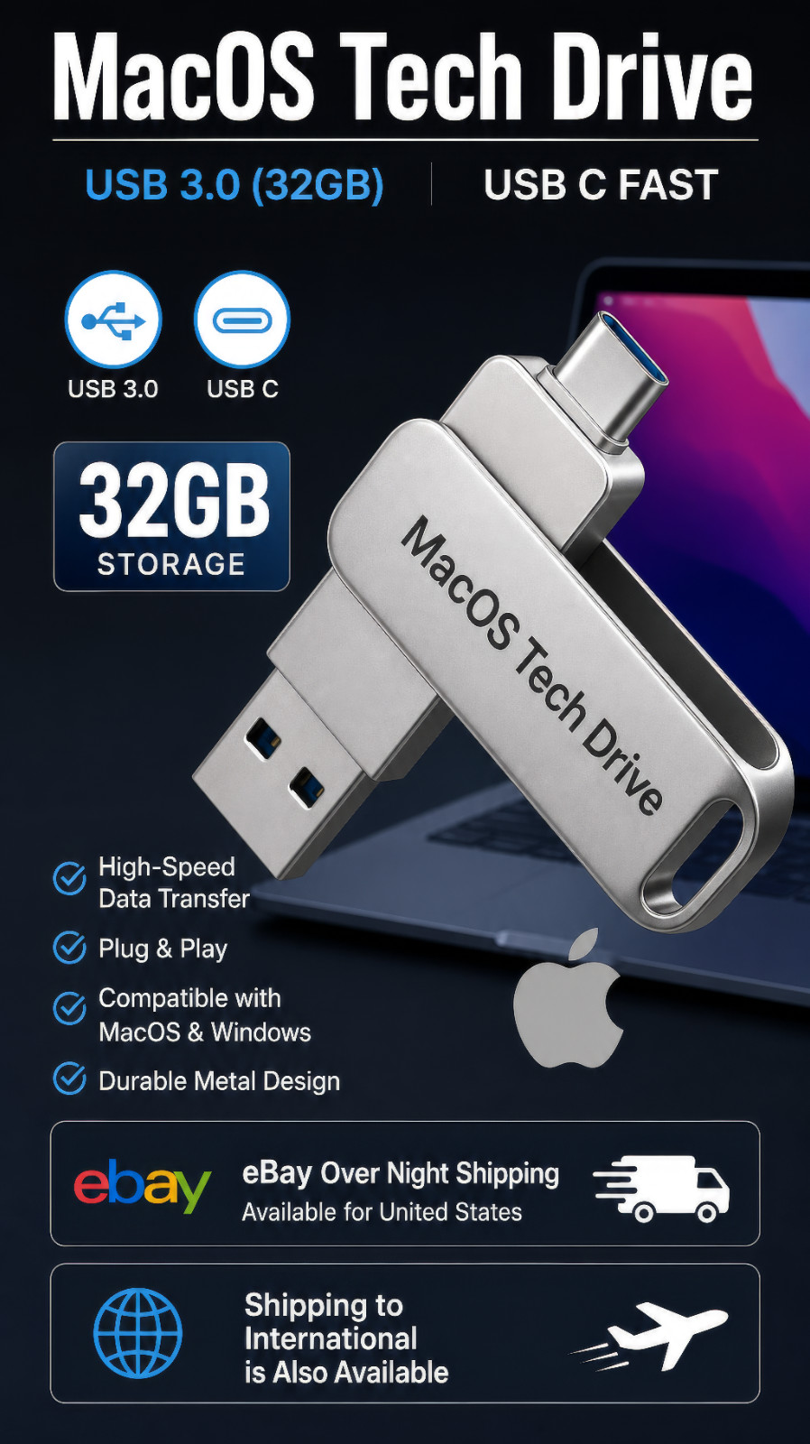 Mac OS Tech Support Drive – Dual Connection USB 3.0 & USB-C Easy Instructions