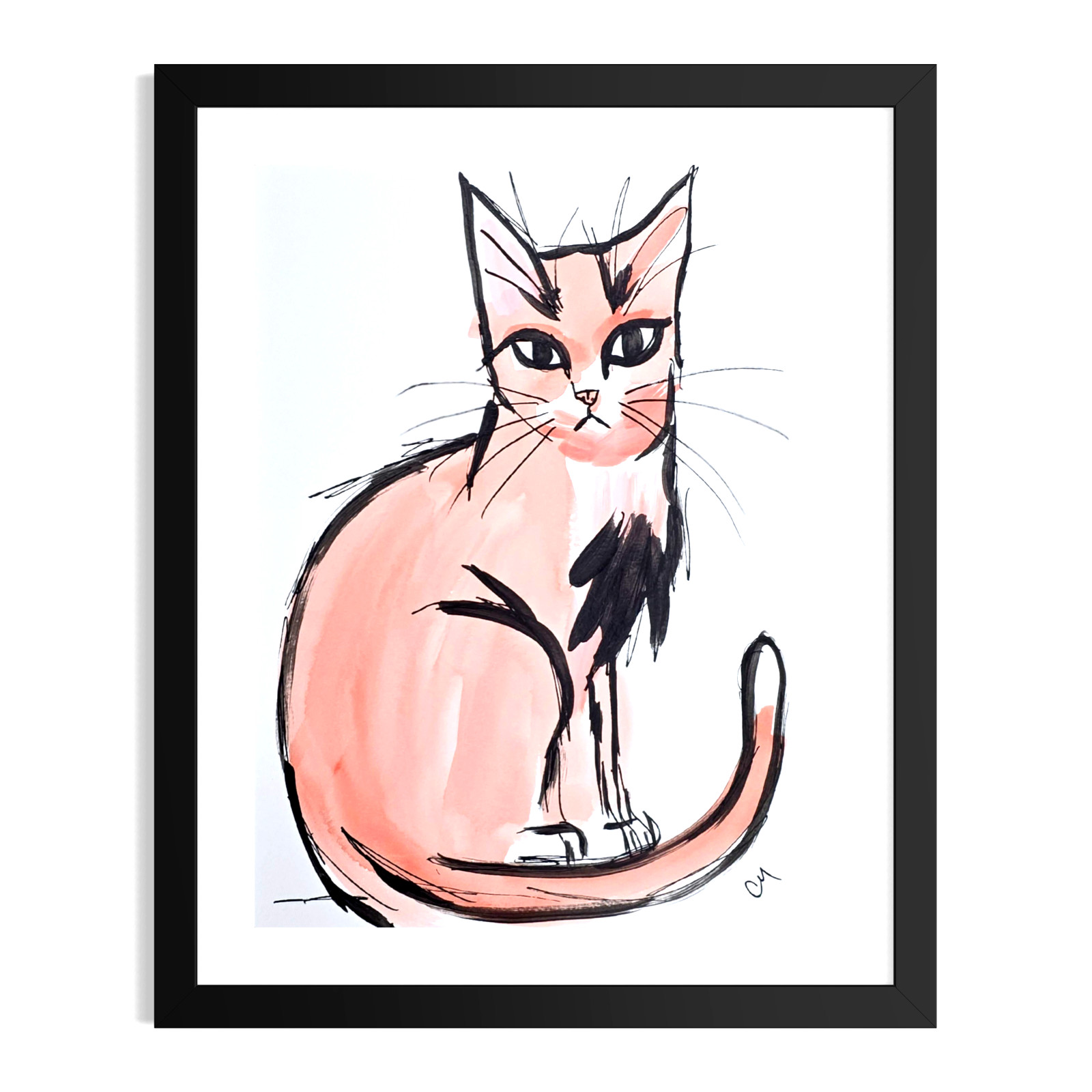 Original Hand Painted 9x12 Abstract Orange Cat Acrylic Signed Art Paper