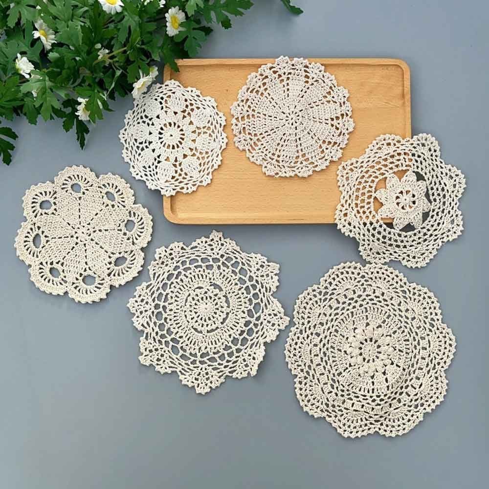 6Pcs/Lot 6-10inch Vintage Hand Crochet Lace Doilies Round Placemats Flower Doily