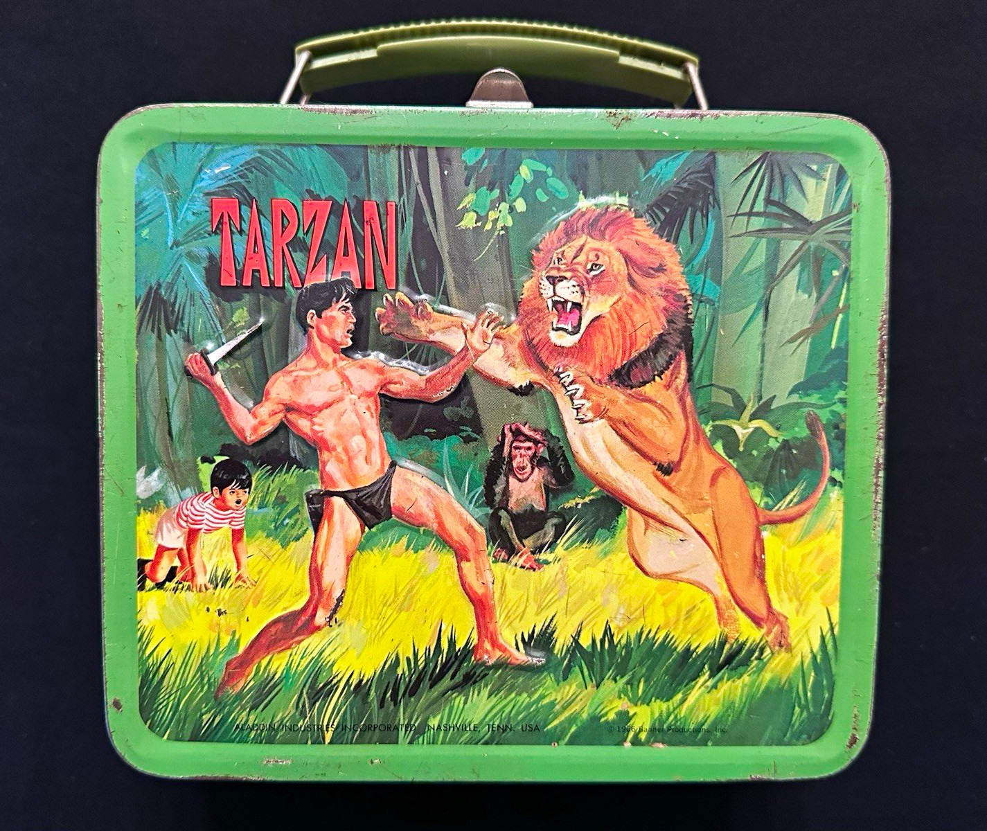 Vintage 1966 Tarzan Aladdin Metal Lunch Box Banner Productions Jungle Green