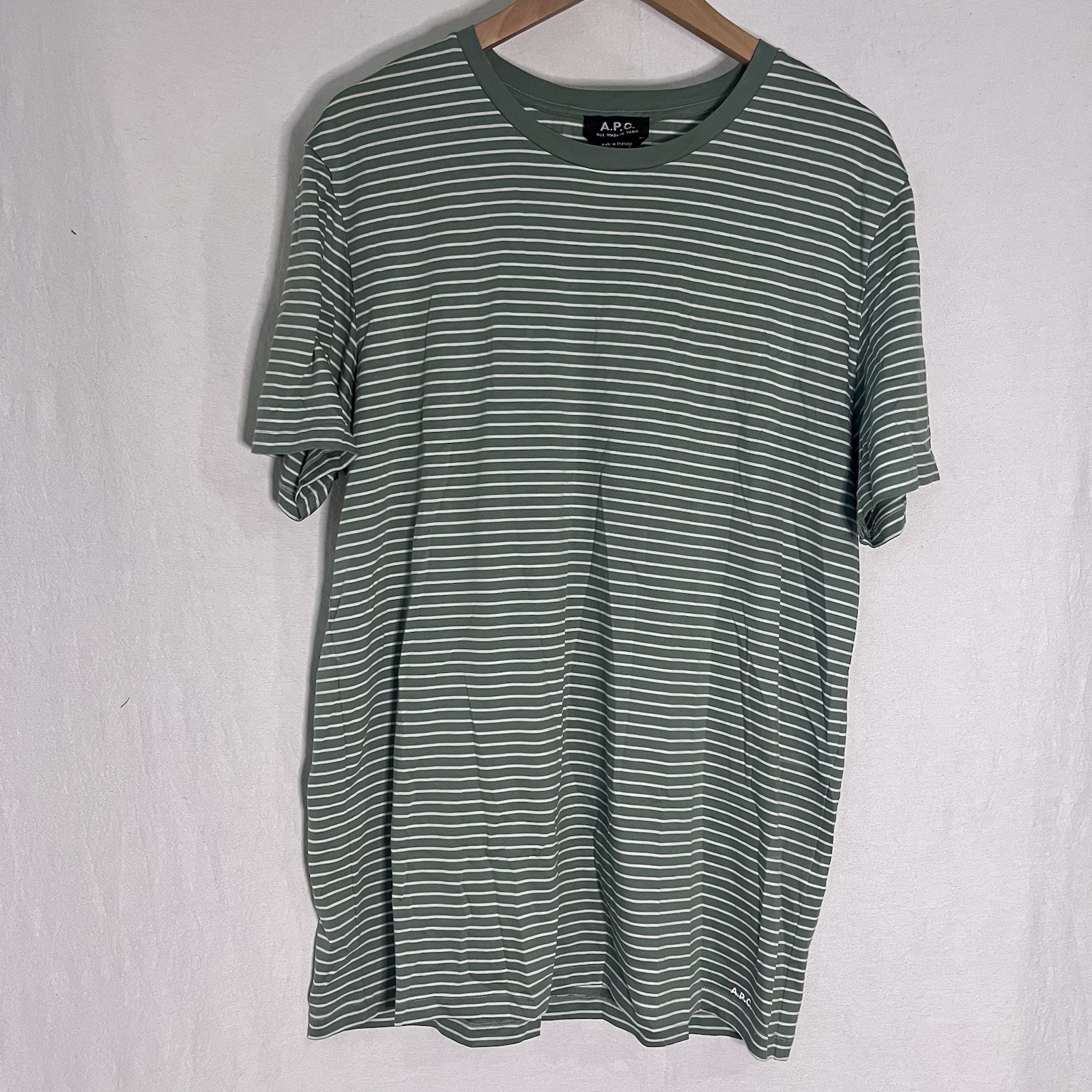 A.P.C. Rue Madame Paris Sage Green White Striped Cotton Crewneck Tee Shirt - XL
