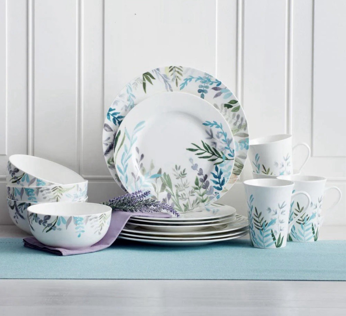 NIB Mikasa Monet Jardin Dinner Set of 16 Plates Mugs Bowls Bone China Aqua Gray