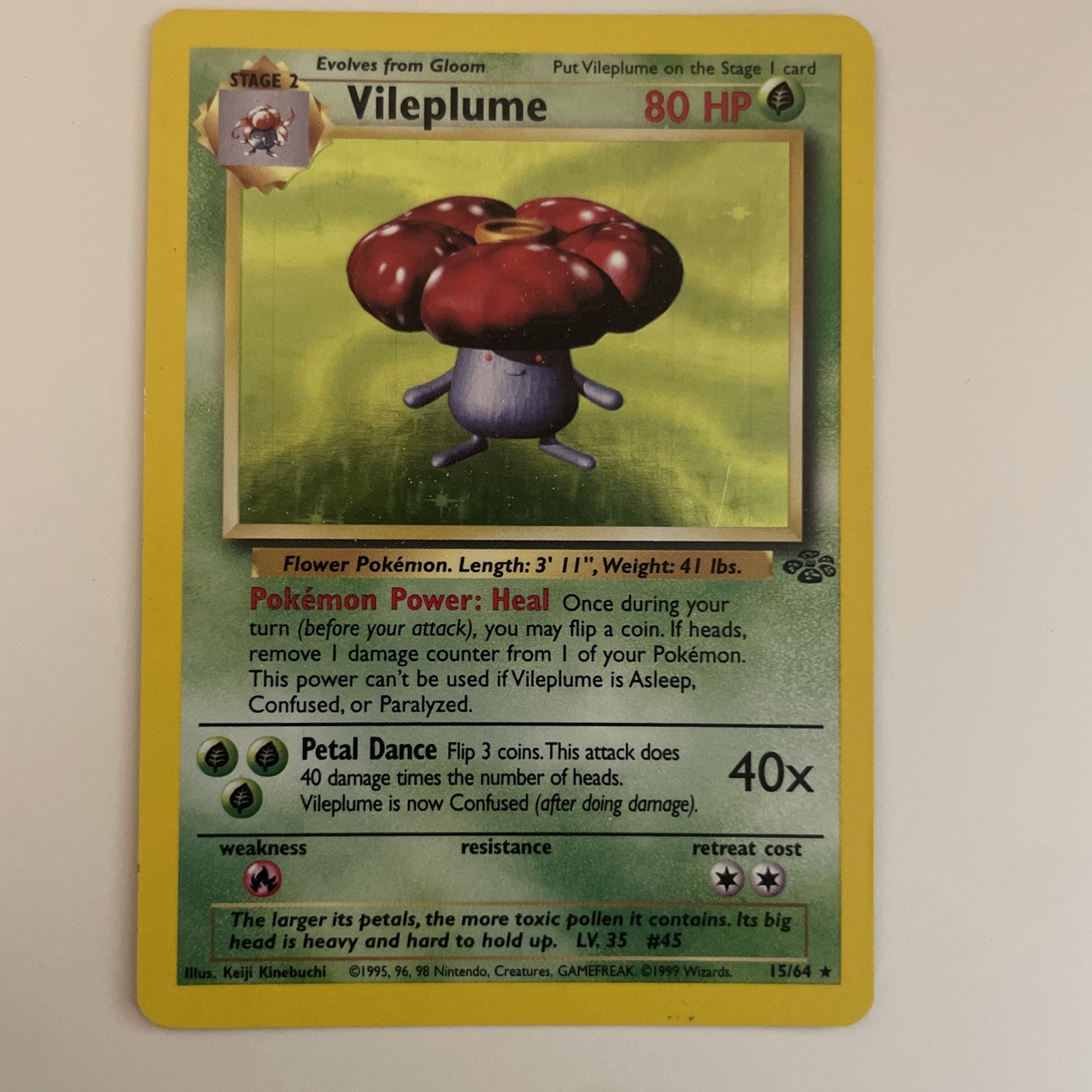 1999 Pokemon Vileplume 15/64 Jungle Holo Rare WOTC (faint scratching on Holo) 1999 Pokemon Vileplume 15/64 Jungle Holo Rare WOTC (faint scratching on Holo)