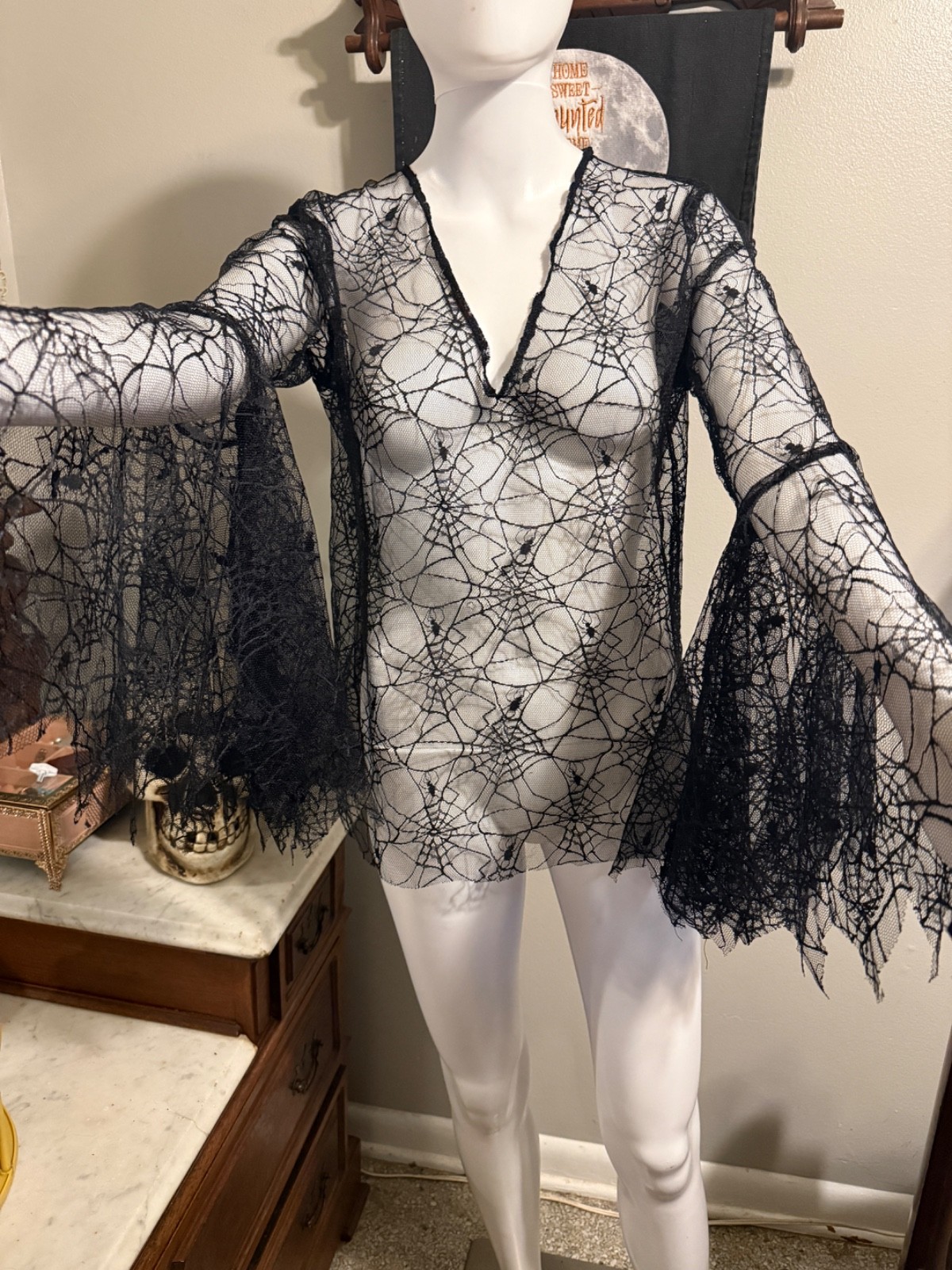 Vintage Gothic Sheer Black Spiderweb Long Bell-Sleeve V-Neck Top. Size Medium