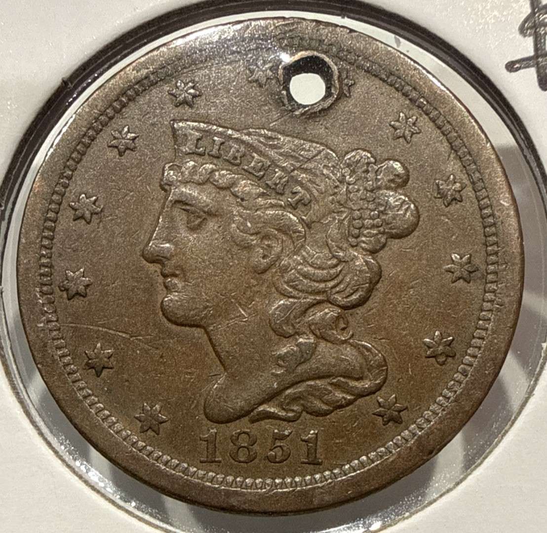 1851 Braided Hair Half Cent US 1/2C Copper Coin - XF Detail Holed (U426)