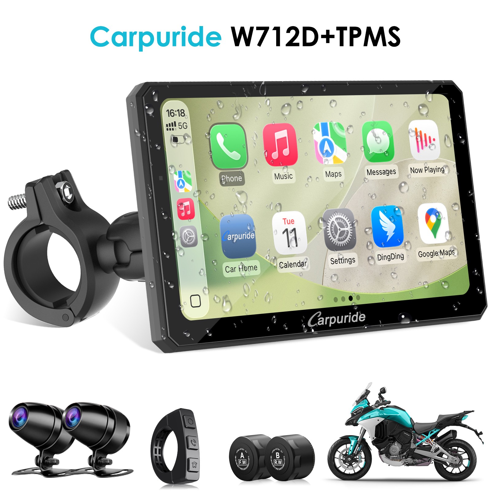 Carpuride W712D TPMS Wireless Carplay Wired Controlled Rotatable screen Dash Cam