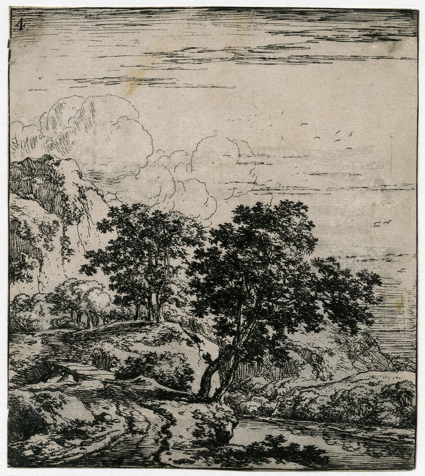 Antique Master Print-LANDSCAPE-CLIFFS-TREES-STREAM-Naywinx-ca. 1640