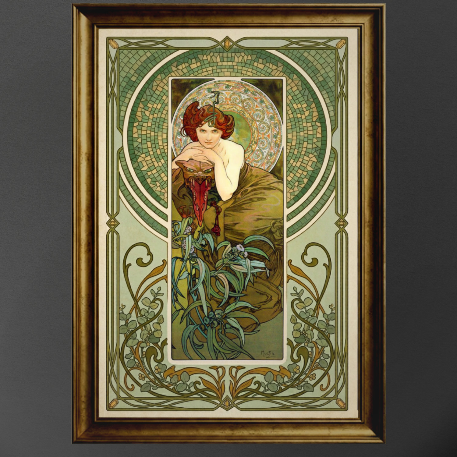 Mucha Precious Stones Series 18x12: Floral Emerald Goddess Maximalist Wall Art